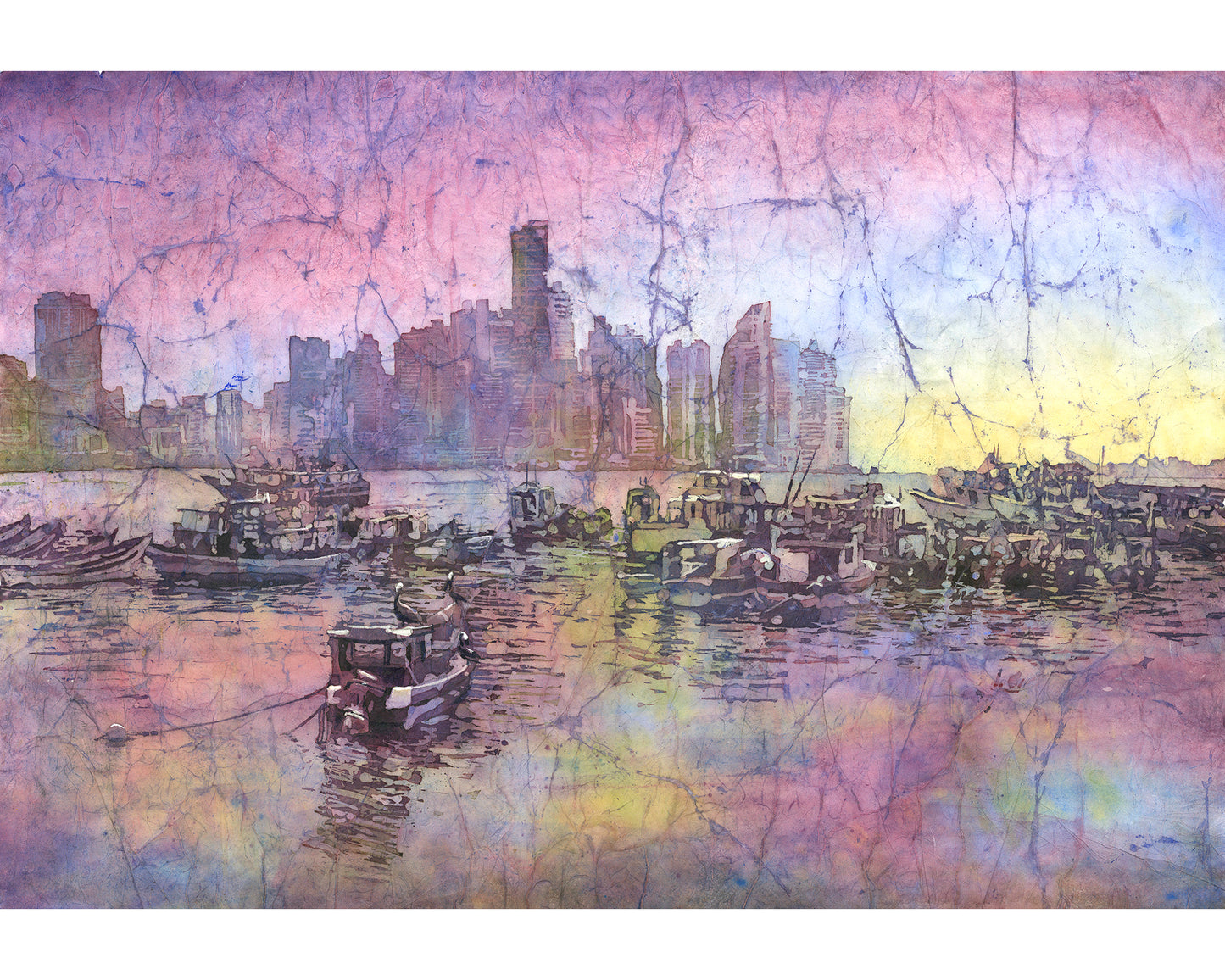 Skyline Panama City Panama watercolor painting, boat nautical artwork trendy wall art travel essentials architecture (print)