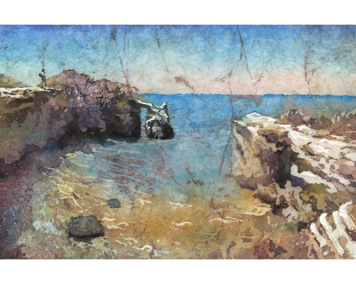 A scenic Cabo Rojo rocks and beach Puerto Rico ocean painting landscape – print, showing rugged cliffs and clear turquoise waters under a soft blue sky, rendered in layered watercolor textures with natural earth tones.