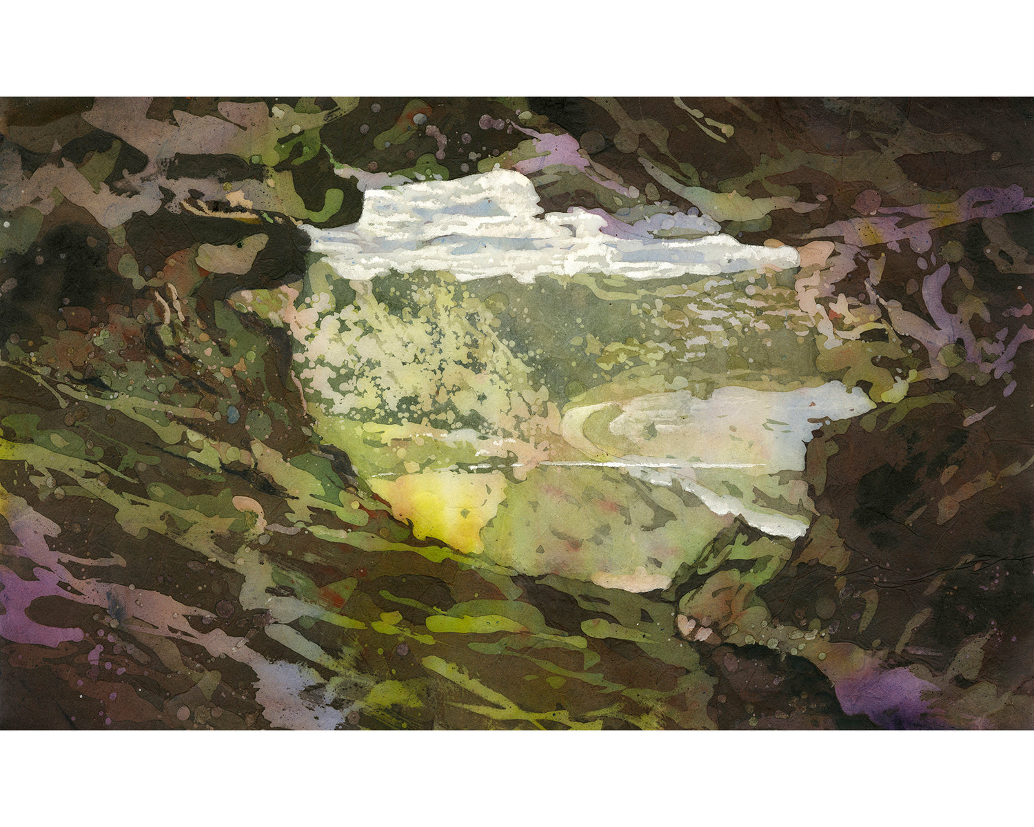 A captivating view through a natural cave opening in this Cueva Ventana Puerto Rico Watercolor Batik | Original Artwork & Giclee, revealing lush green valleys and bright sunlight spilling across the landscape, all rendered in textured watercolor layers.