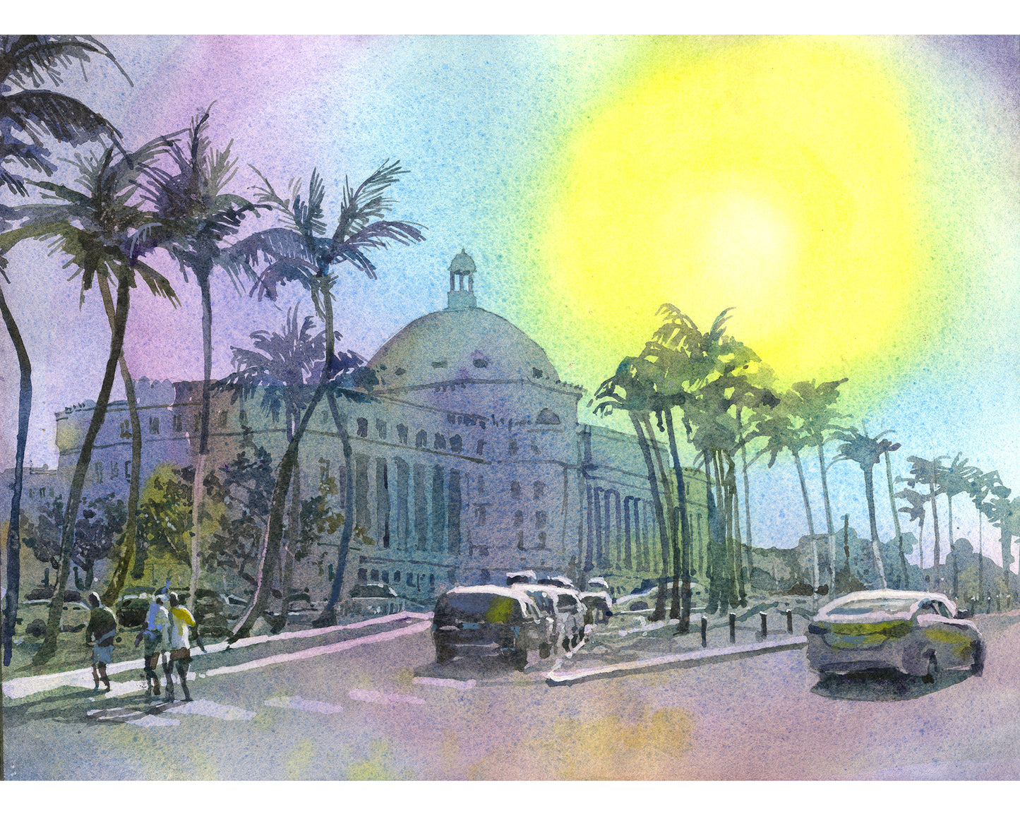 Watercolor painting of the Puerto Rico Capitol building, with palm trees and blue skies—perfect fine art architecture print for Caribbean home decor and travel lovers.