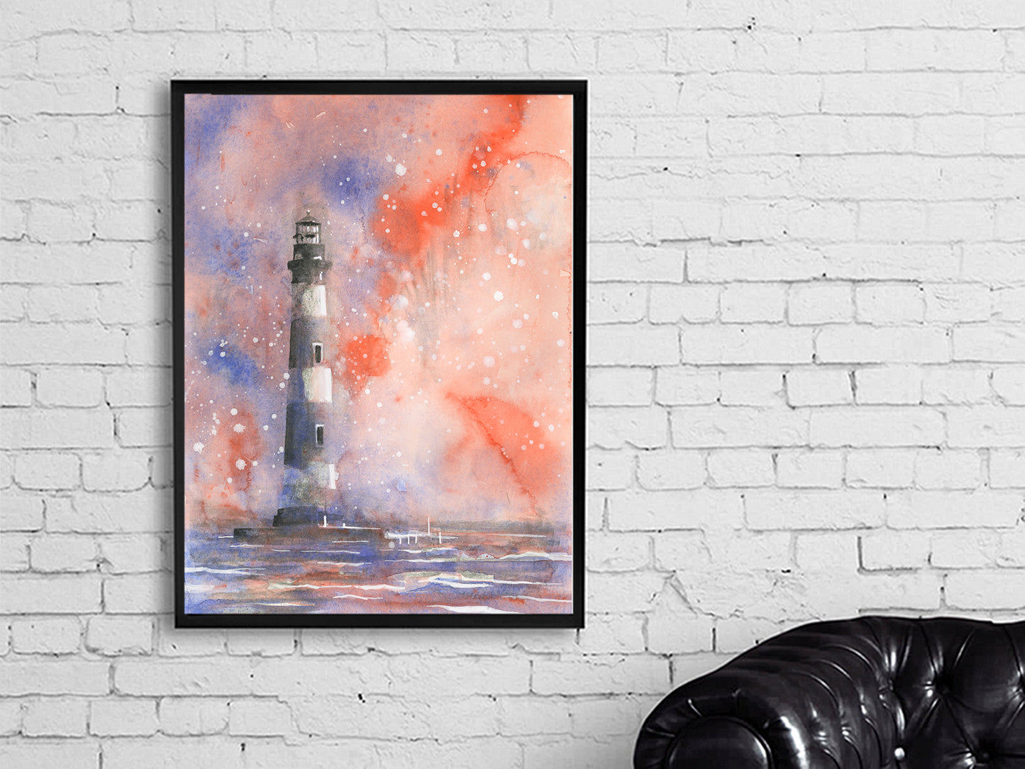 South Carolina coastal sunset watercolor showing the Morris Island Lighthouse surrounded by soft waves and radiant skies—great gift for him or her.