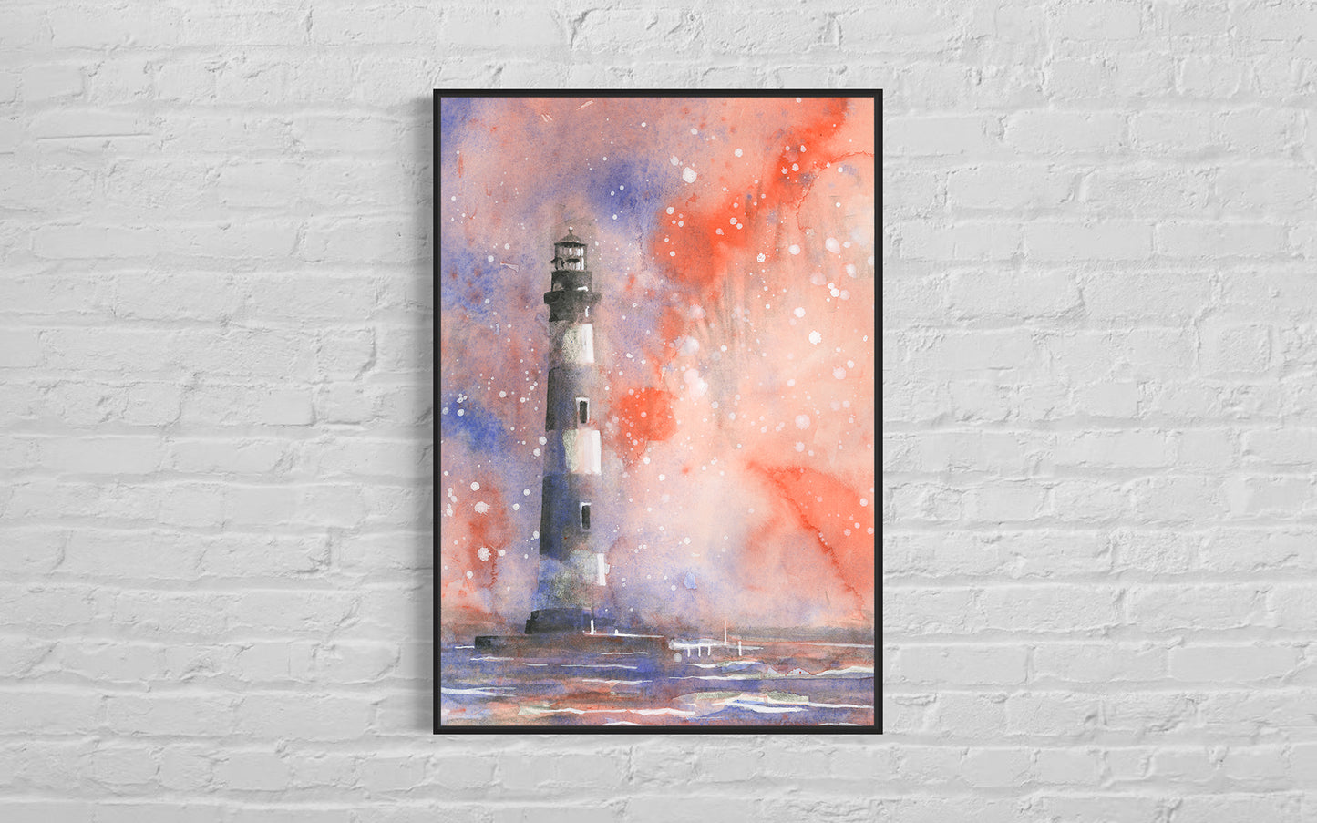 Vibrant landscape watercolor of the Morris Island Lighthouse at sunset, with orange, pink, and blue tones reflecting on the water—ideal for coastal home decor.