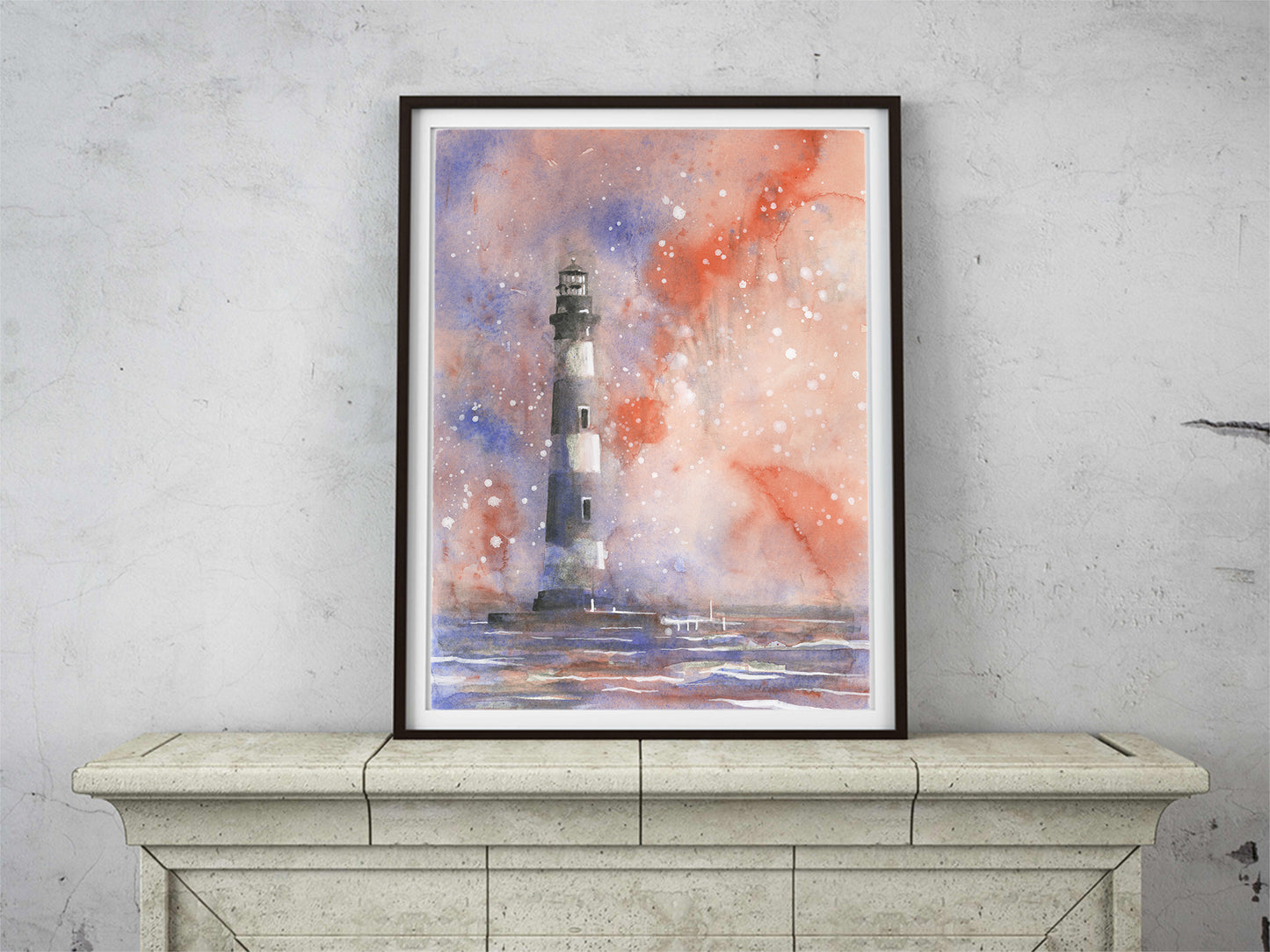 Beach house artwork featuring the iconic Morris Island Lighthouse silhouetted at sunset—perfect fine art print for relaxing interior design themes.