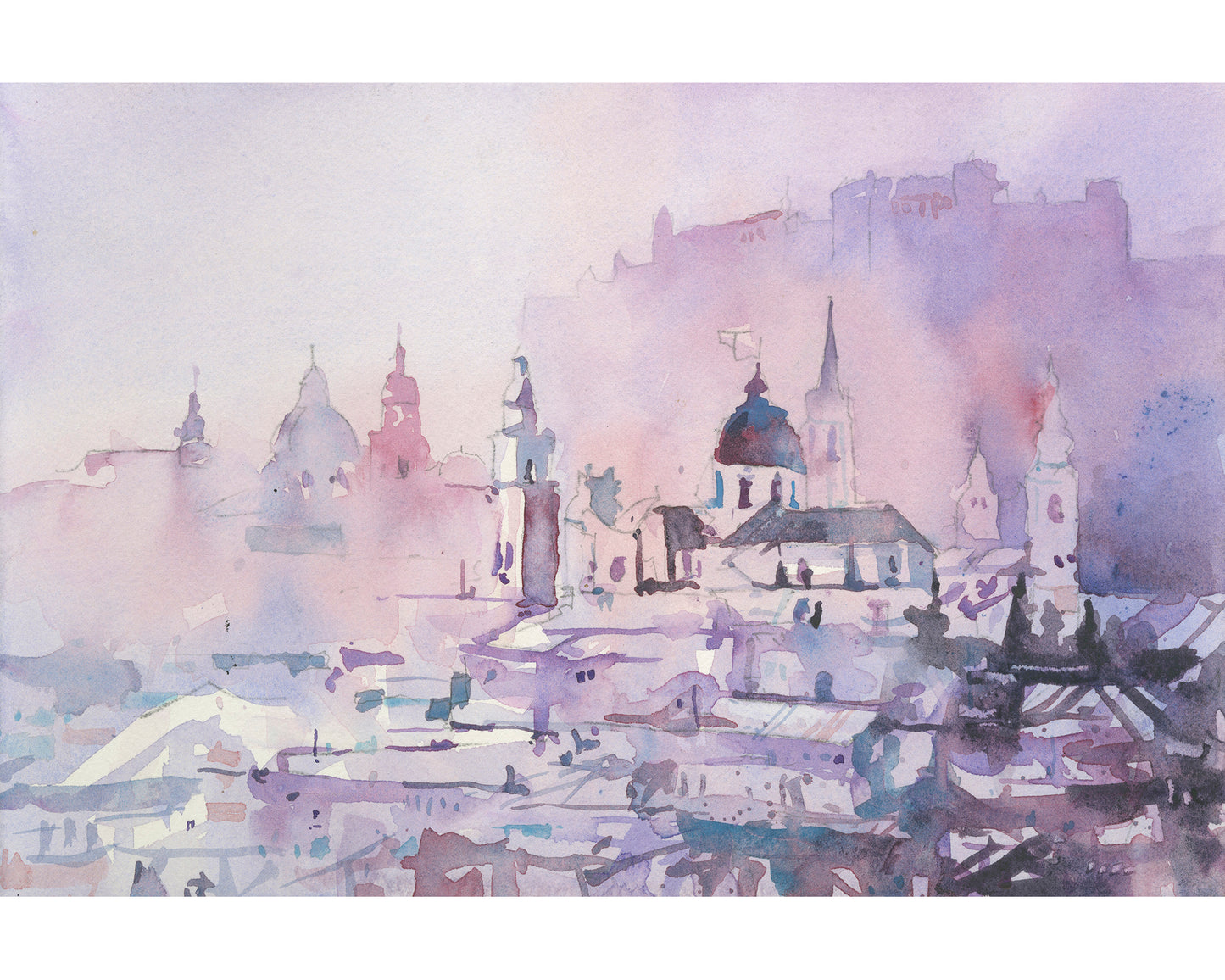 Watercolor landscape Salzburg Austria skyline, trendy wall art  Austrian architecture art for house (original)
