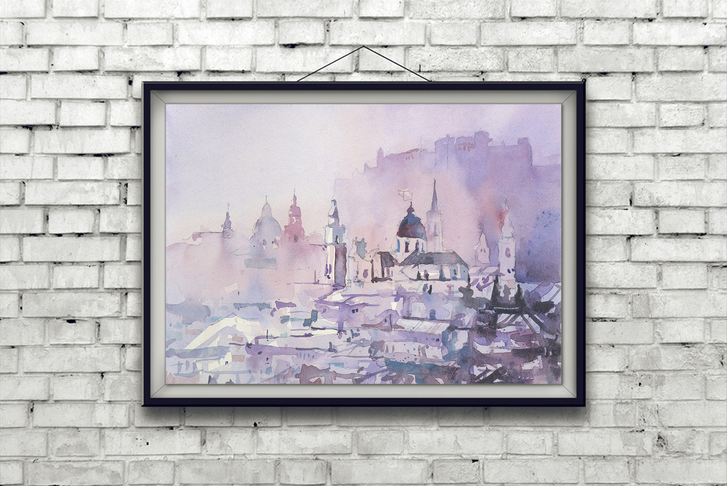 Watercolor landscape Salzburg Austria skyline, trendy wall art  Austrian architecture art for house (original)