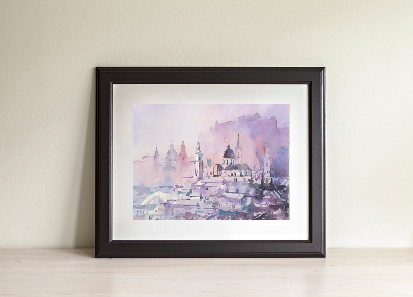 Watercolor landscape Salzburg Austria skyline, trendy wall art  Austrian architecture art for house (original)