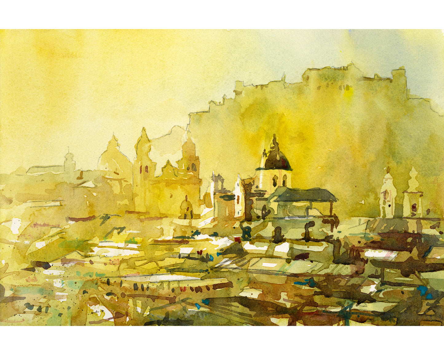 Watercolor painting Salzburg Austria skyline, trendy wall art  Austrian architecture art for house (print)