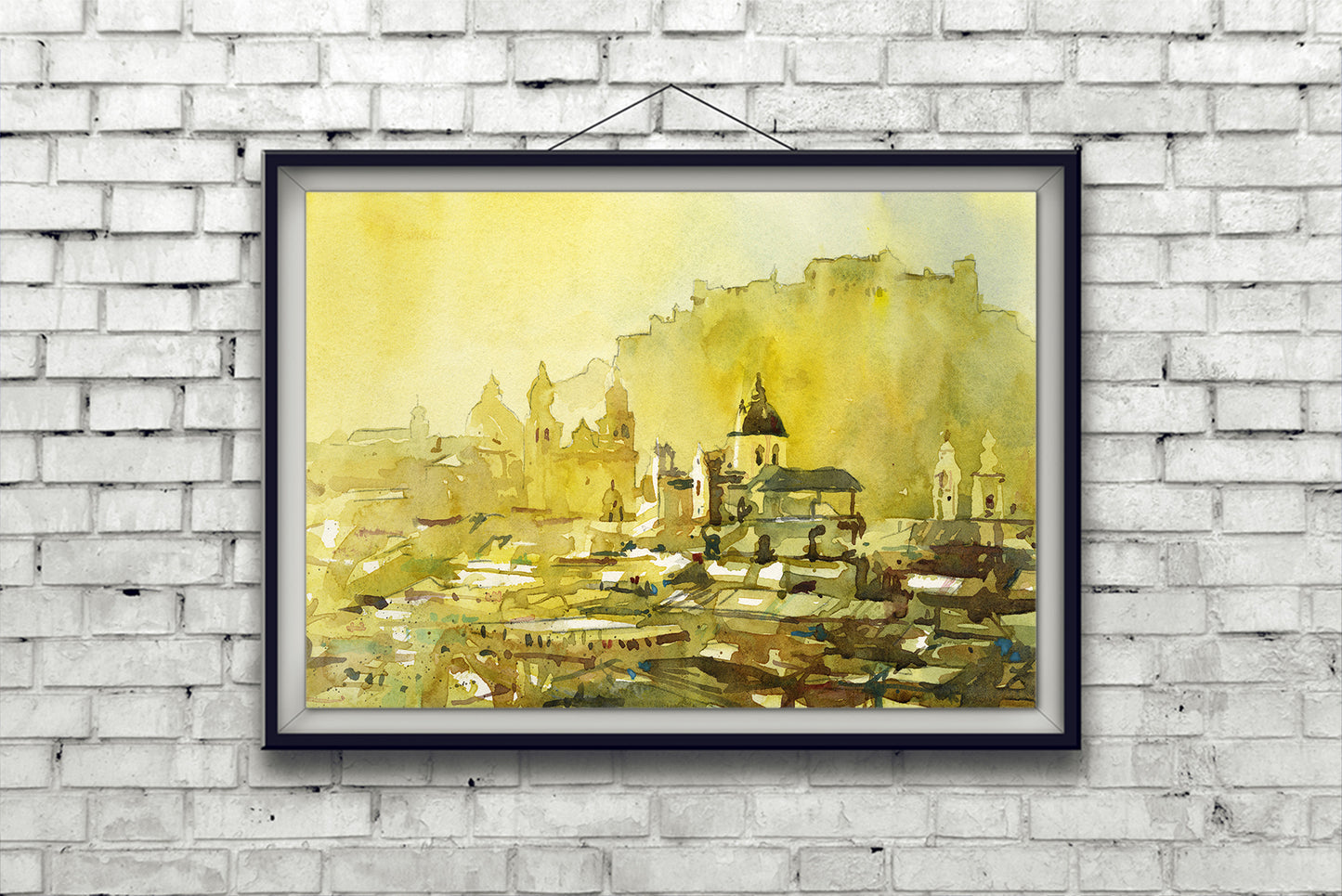 Watercolor painting Salzburg Austria skyline, trendy wall art  Austrian architecture art for house (print)