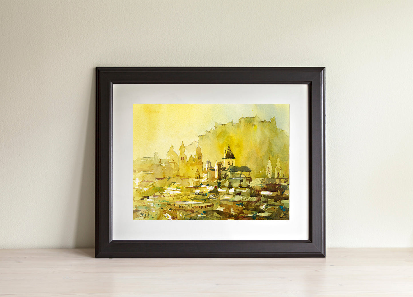 Watercolor painting Salzburg Austria skyline, trendy wall art  Austrian architecture art for house (print)