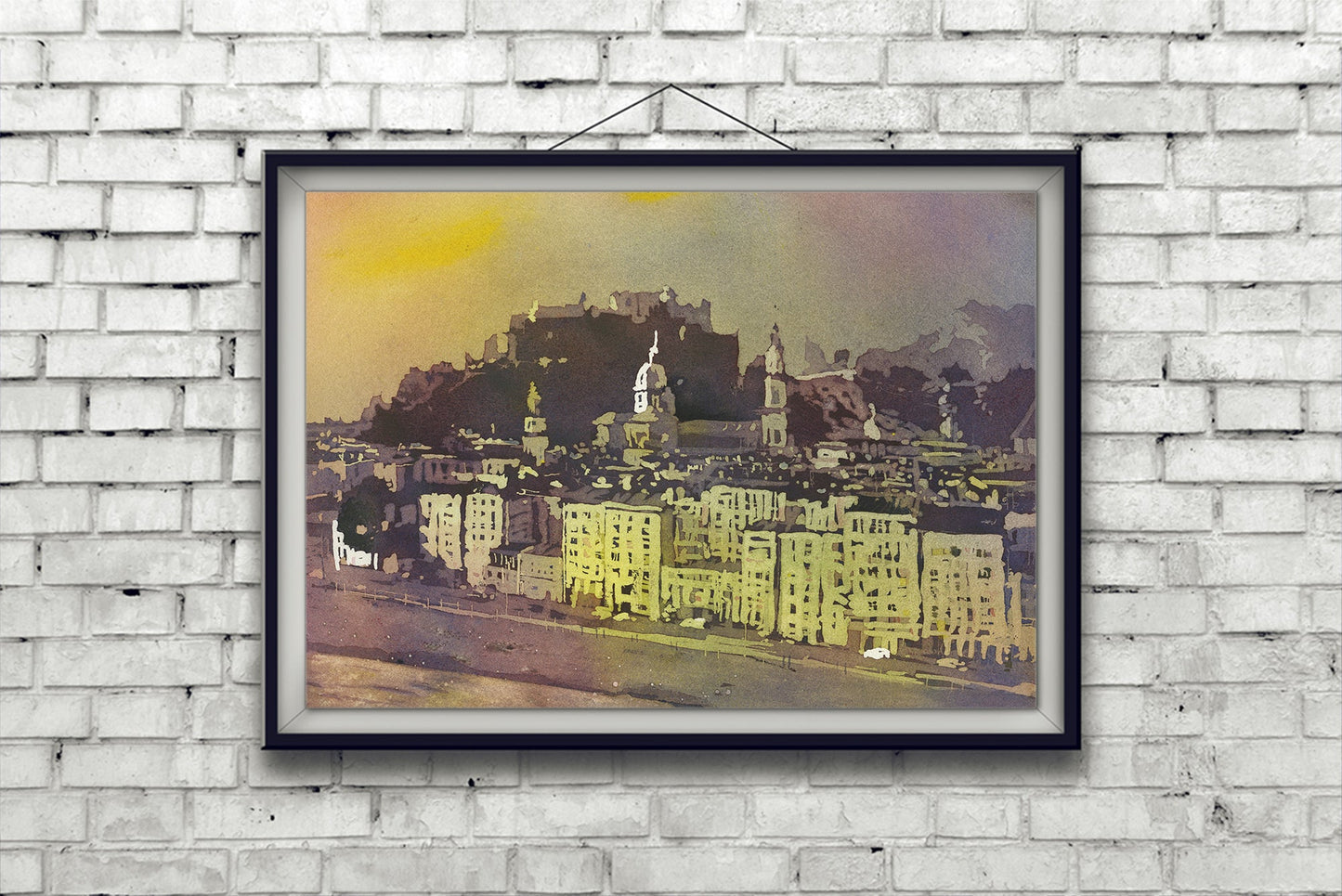 Watercolor landscape Salzburg Austria skyline, trendy wall art  Austrian architecture art for house (original)