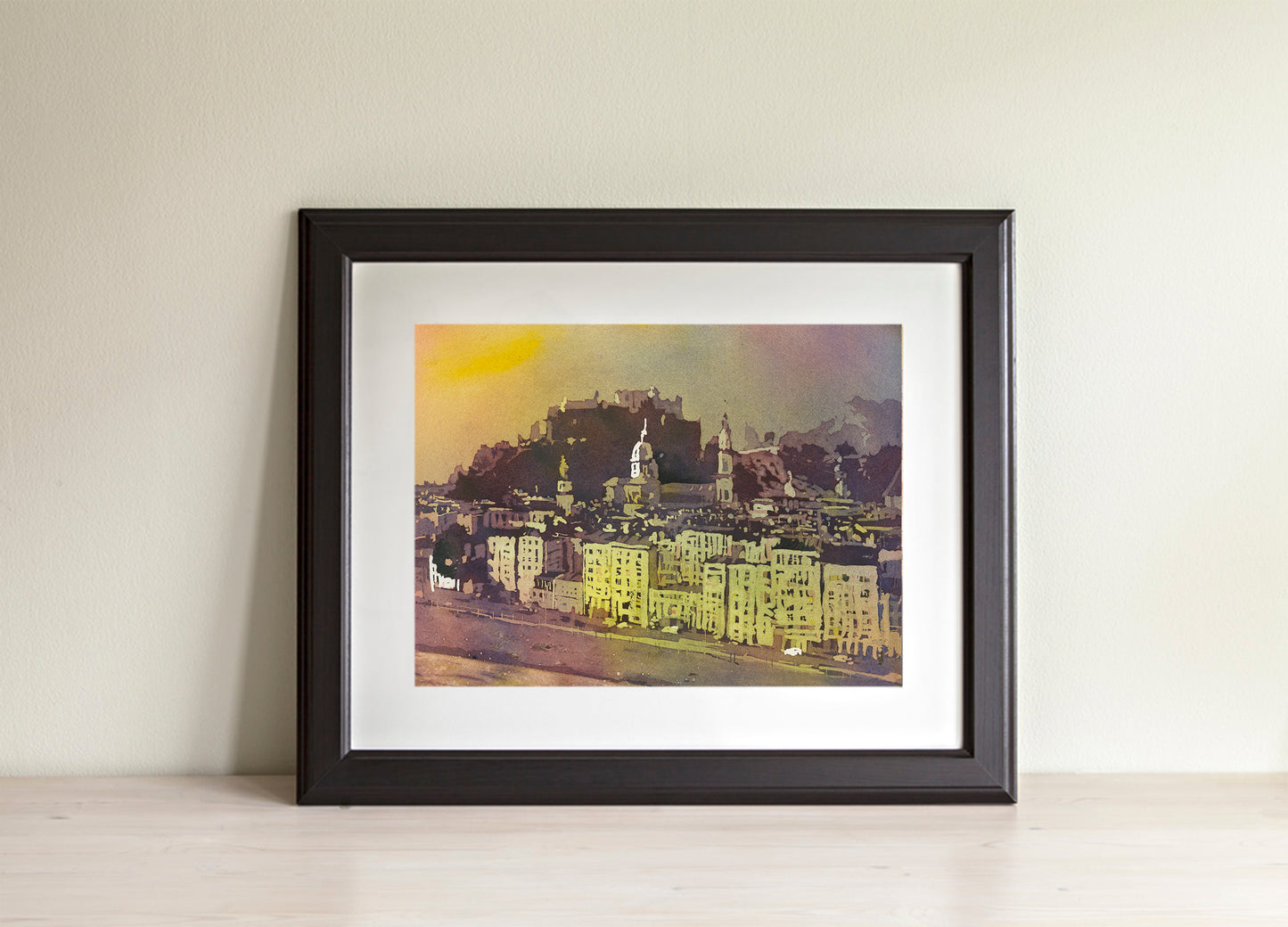 Watercolor painting Salzburg Austria skyline, trendy wall art  Austrian architecture art for house (print)