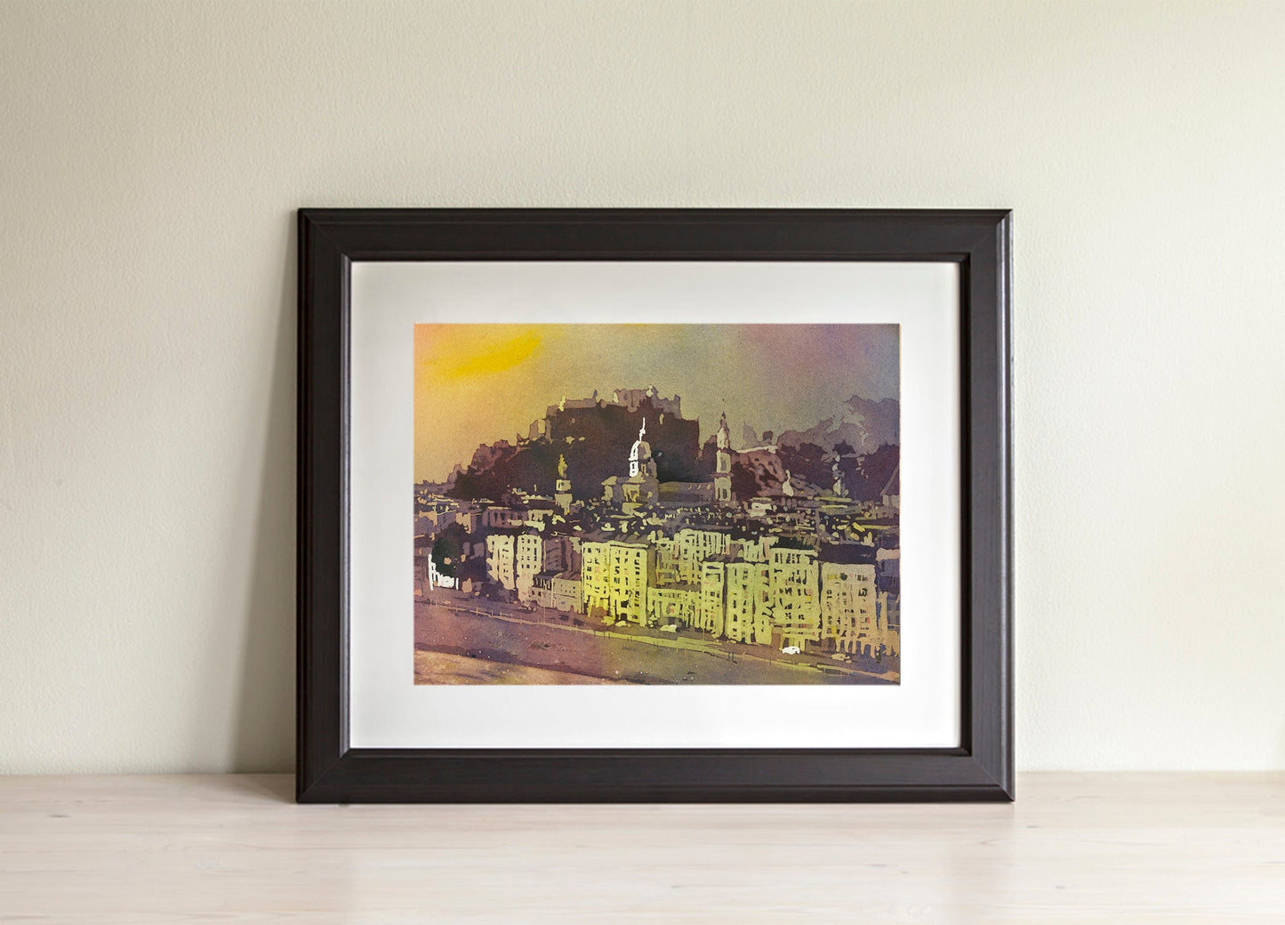 Watercolor landscape Salzburg Austria skyline, trendy wall art  Austrian architecture art for house (original)