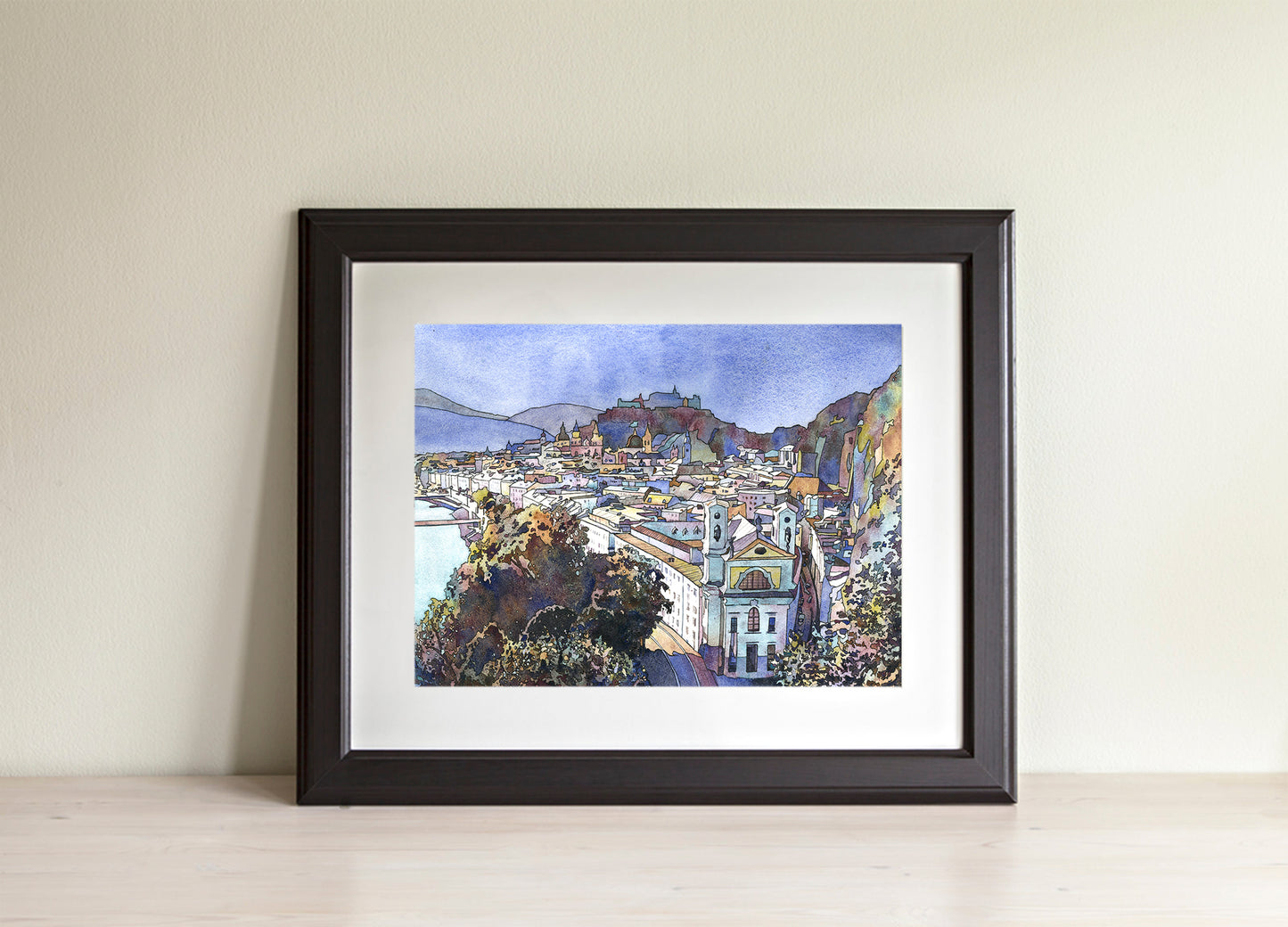 Watercolor painting Salzburg Austria skyline trendy wall art  Austrian architecture art for house (original)