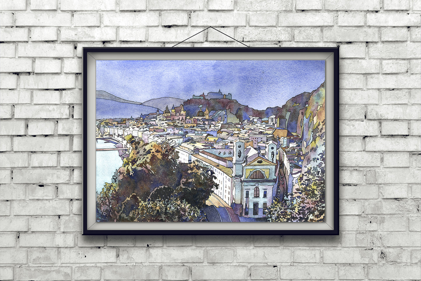 Watercolor painting Salzburg Austria skyline trendy wall art  Austrian architecture art for house (original)