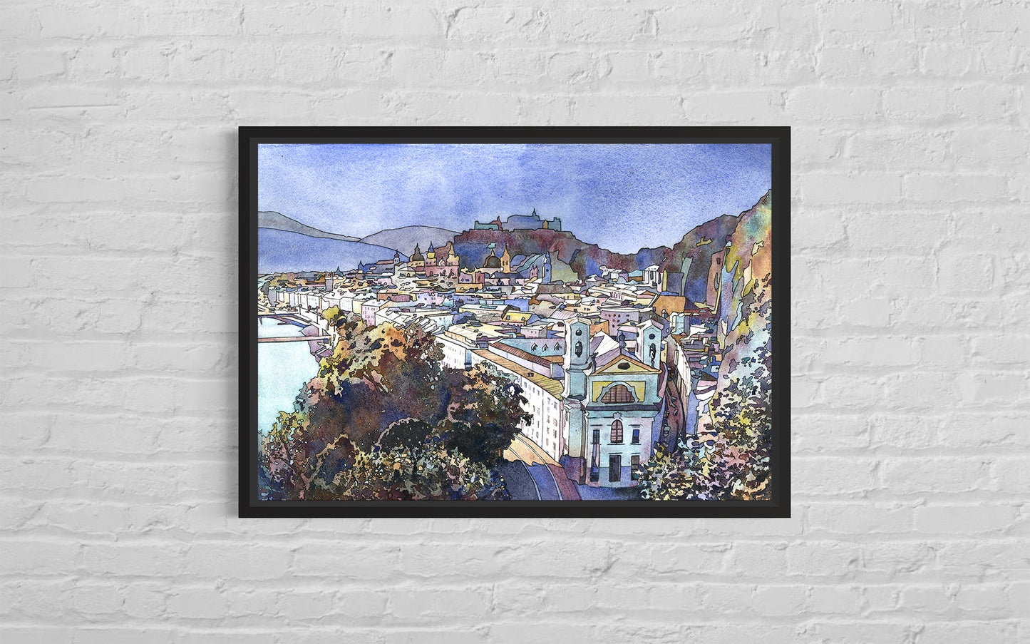 Watercolor painting Salzburg Austria skyline trendy wall art  Austrian architecture art for house (original)