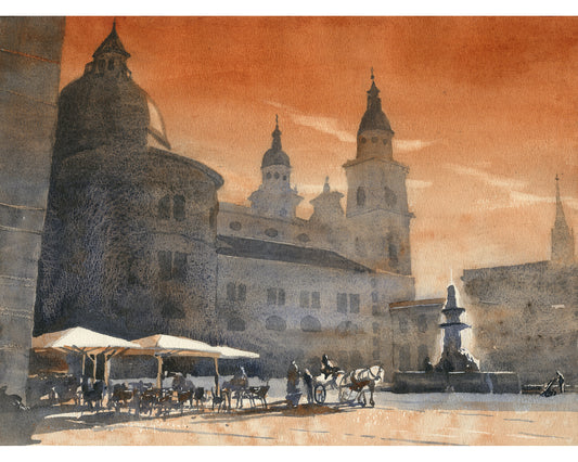 Fine art watercolor painting of Salzburg historic square and medieval towers