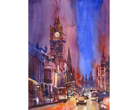 Downtown Edinburgh skyline colorful watercolor cityscape Europe Scotland home decor handmade item art for house travel (original)