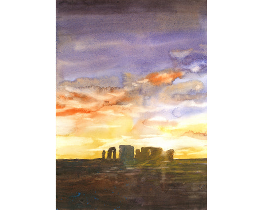 Stonehenge ruins watercolor painting at sunset with dramatic sky – fine art landscape for history and travel lovers