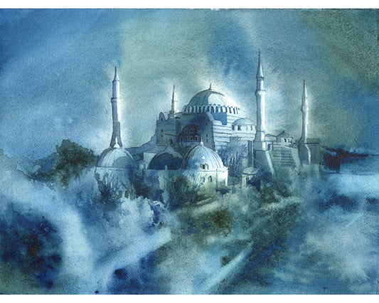 Hagai Sofia mosque church Istanbul Turkey skyline watercolor painting art for house handmade item travel decor colorful painting (original)