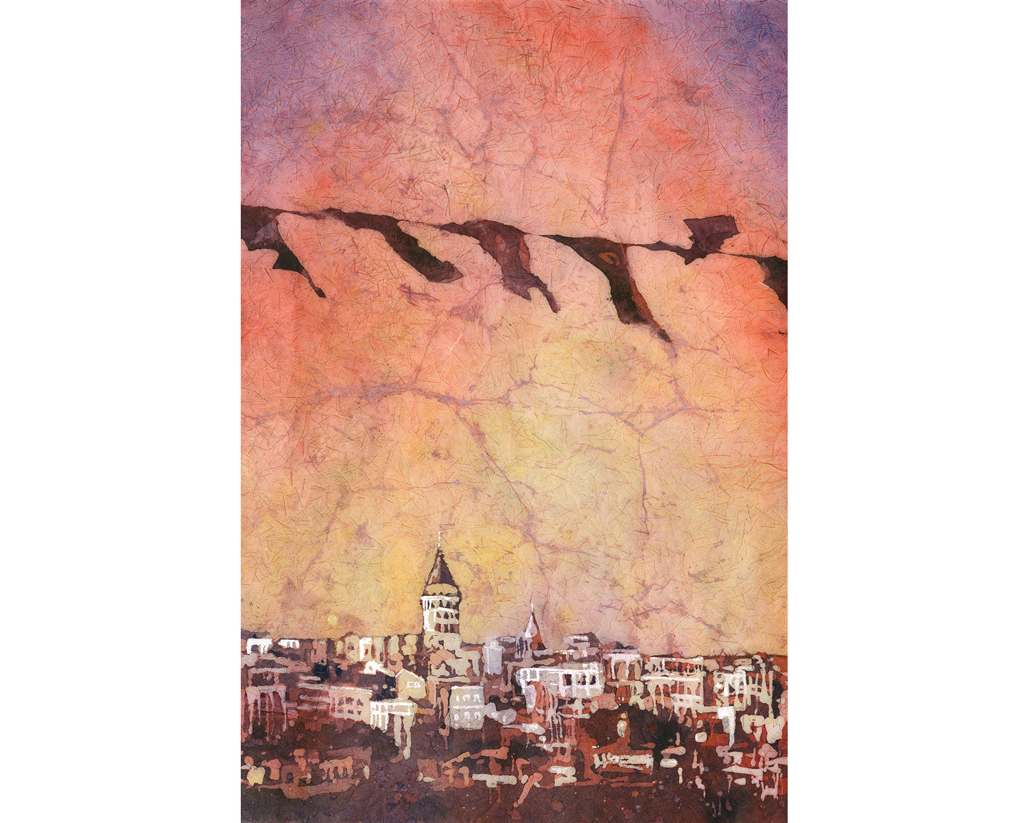 A warm and atmospheric Istanbul Skyline Watercolor Art Print Galata Tower Architecture, showing the iconic tower rising above the cityscape under a dreamy sunset sky painted in soft hues of rose, gold, and lavender.