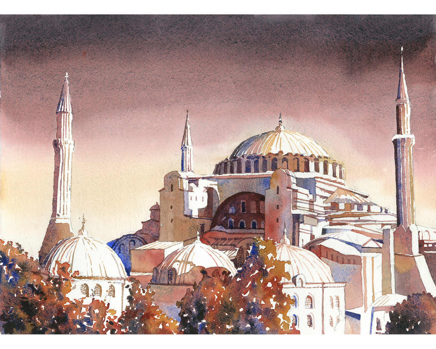 Colorful watercolor landscape painting of Hagia Sophia in Istanbul, Turkey, with warm sunset tones—perfect fine art for home decor and travel lovers.