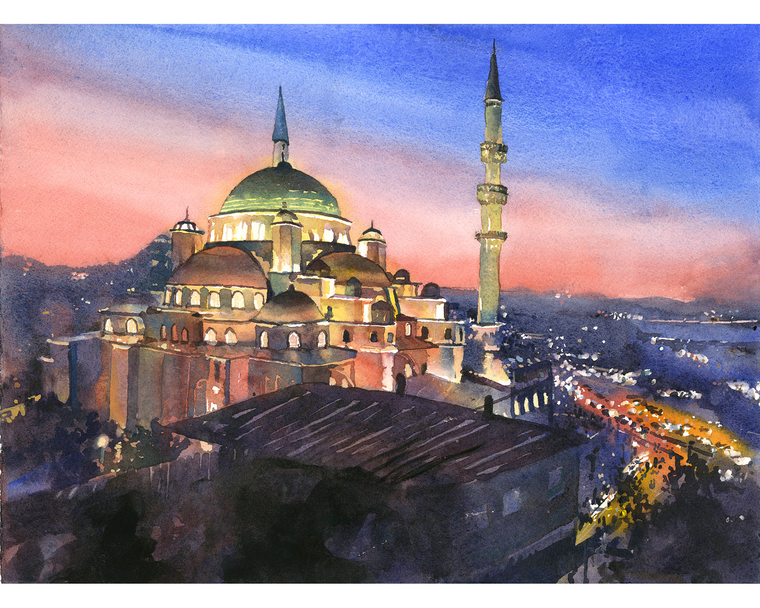 Istanbul mosque watercolor painting Yeni Mosque colorful sunset Turkey artwork