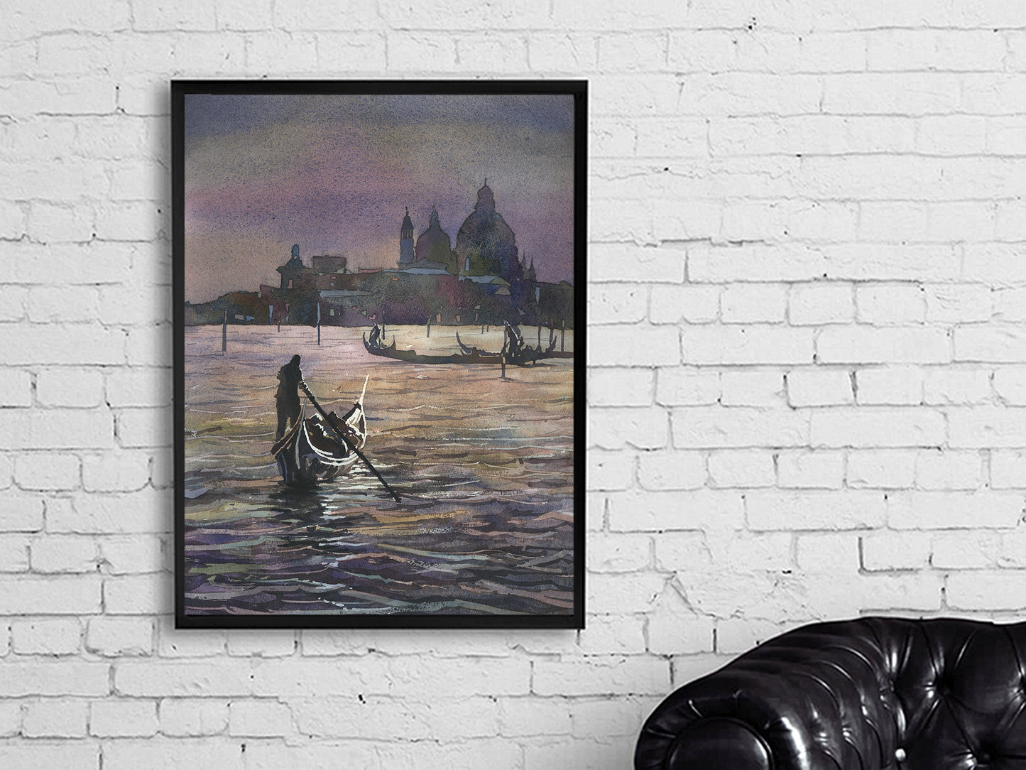 Artistic rendering of Venice gondolas and baroque church under a glowing full moon in watercolor.