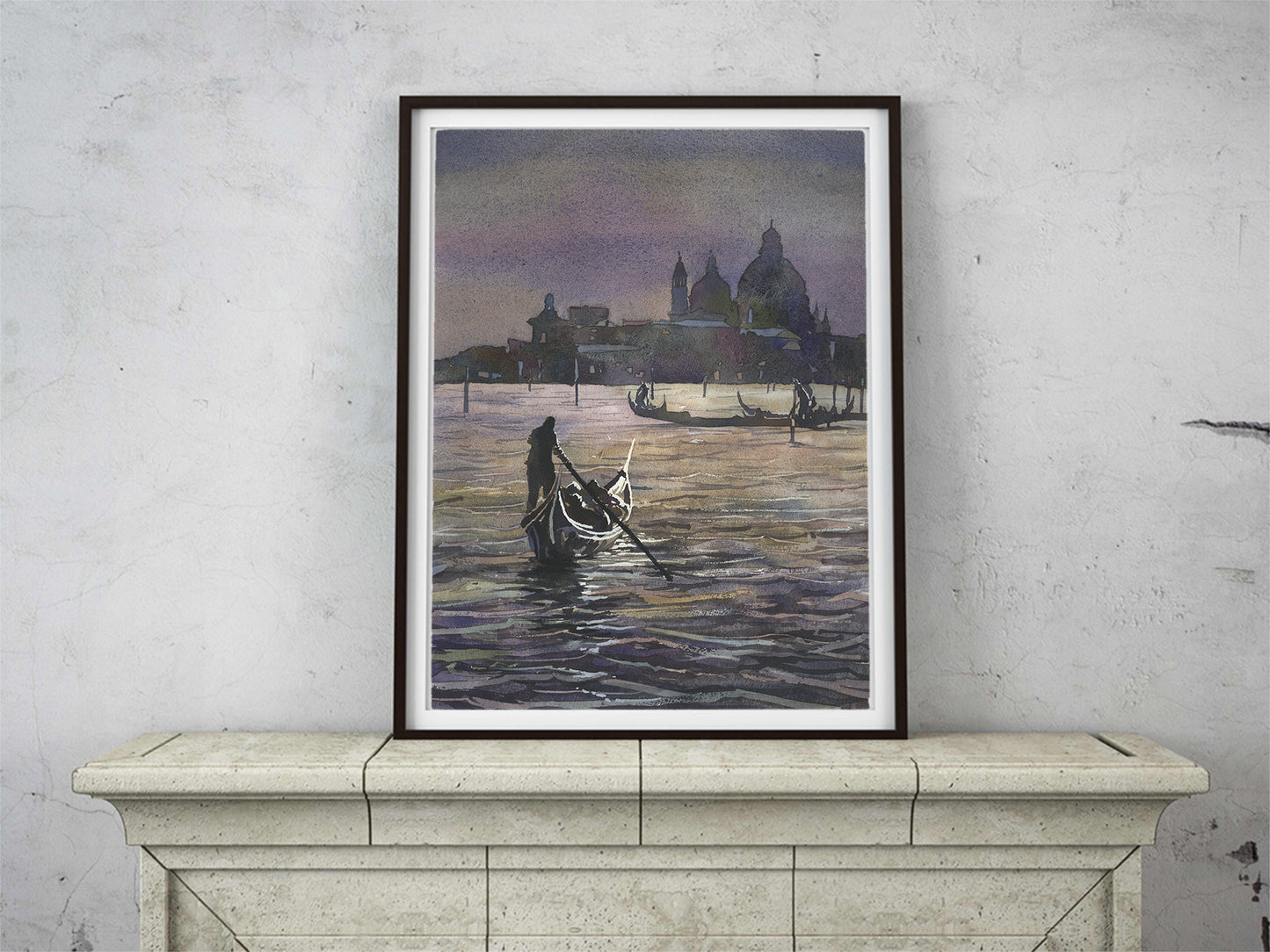 Fine art watercolor of Venice Italy with glowing reflections and vibrant color palette.