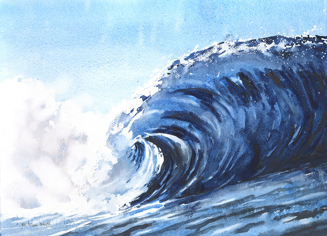 Ocean wave crashing down in sea beach house artwork colorful watercolor landscape blue sky (print)