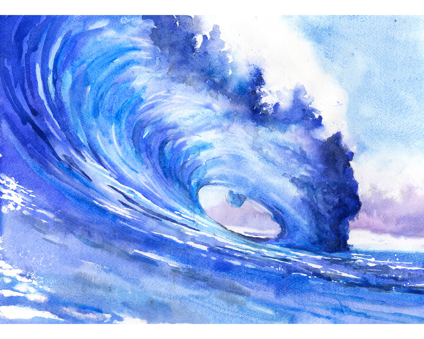 Ocean waves colorful blue watercolor landscape nautical beach house artwork handmade item surfing decor (print)