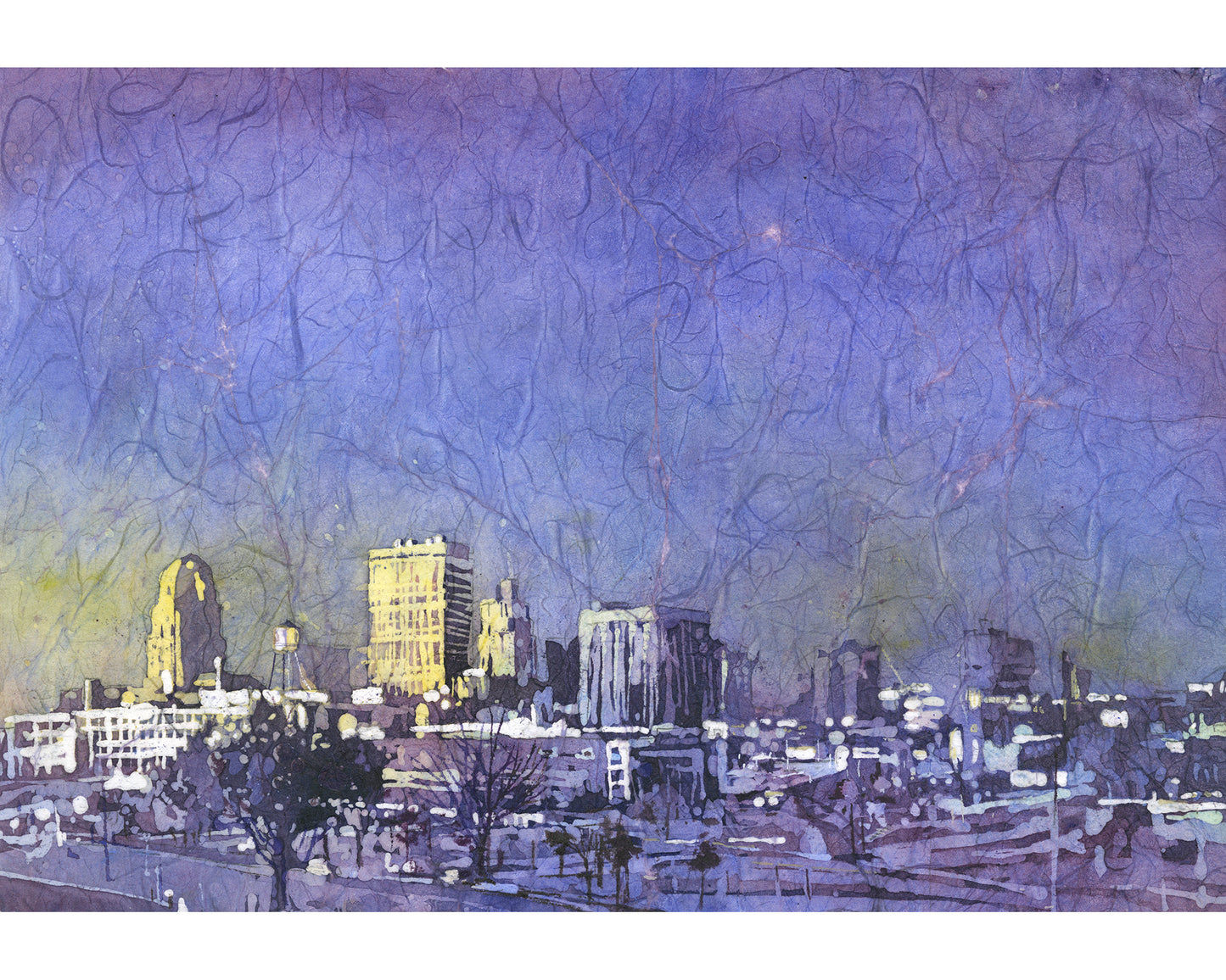 Colorful watercolor Winston-Salem skyline NC trendy wall art, sunset artwork interior design North Carolina architecture (original)