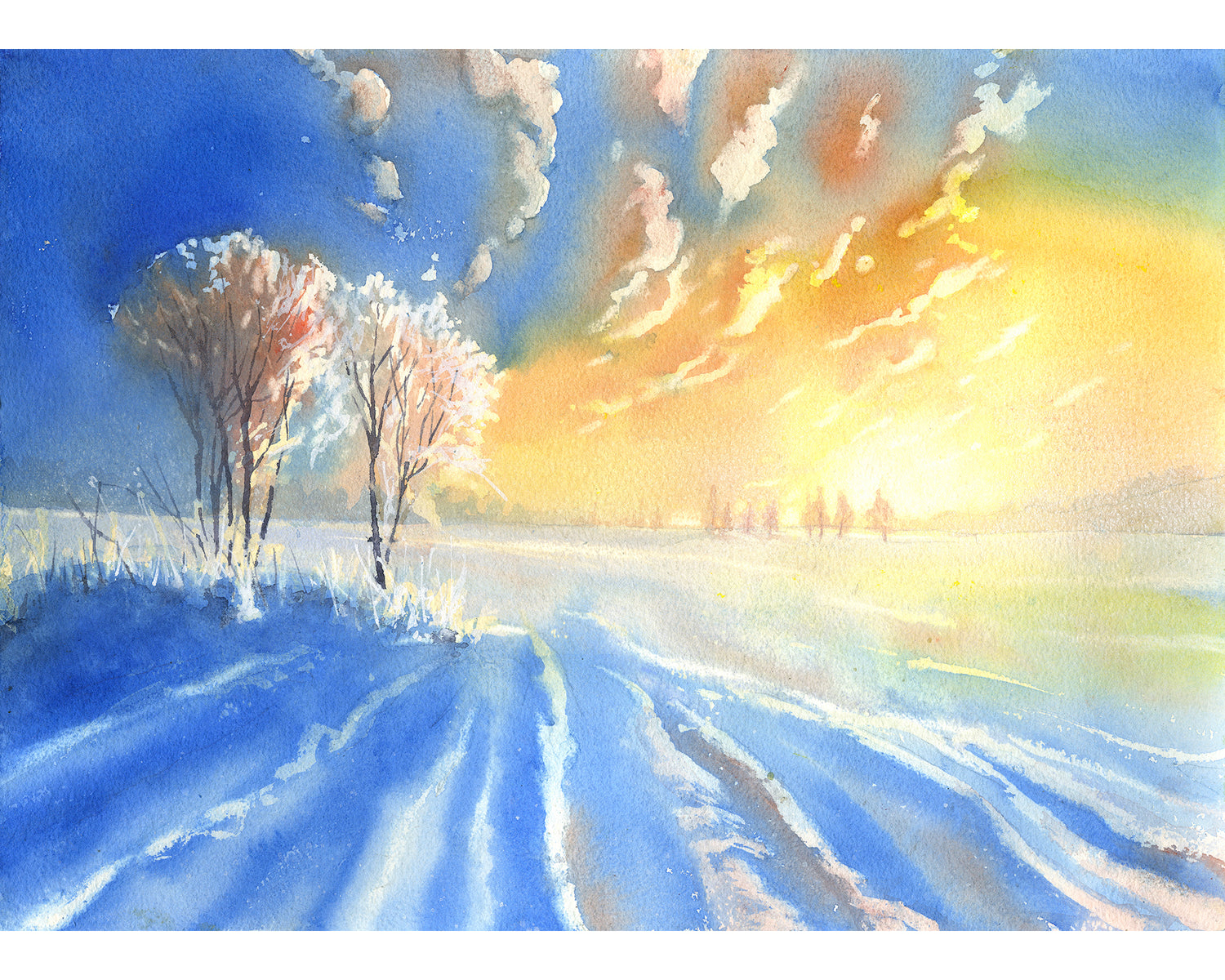 Colorful sunset winter landscape fine art watercolor featuring frosted trees and long blue shadows in snow—ideal nature scene for house decor and seasonal wall art.