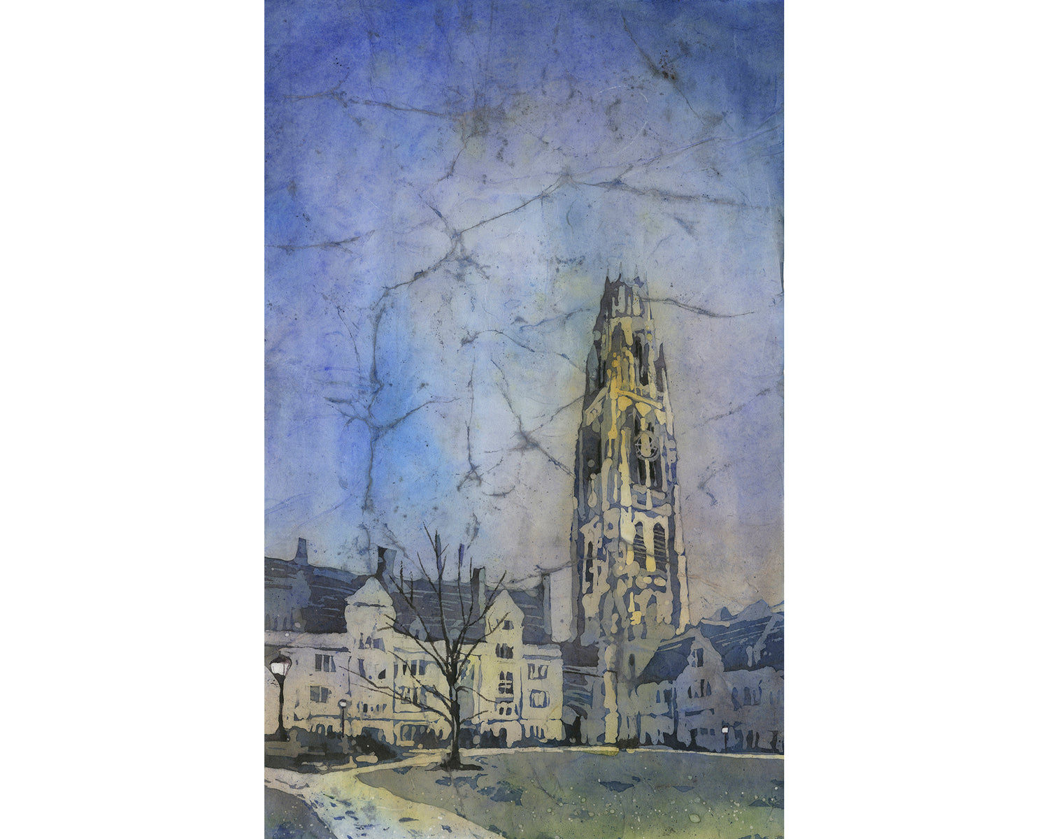 Watercolor batik painting of Harkness Tower rising above Yale University campus in New Haven, Connecticut, surrounded by historic gothic architecture and leafy trees—ideal college wall decor or alumni gift
