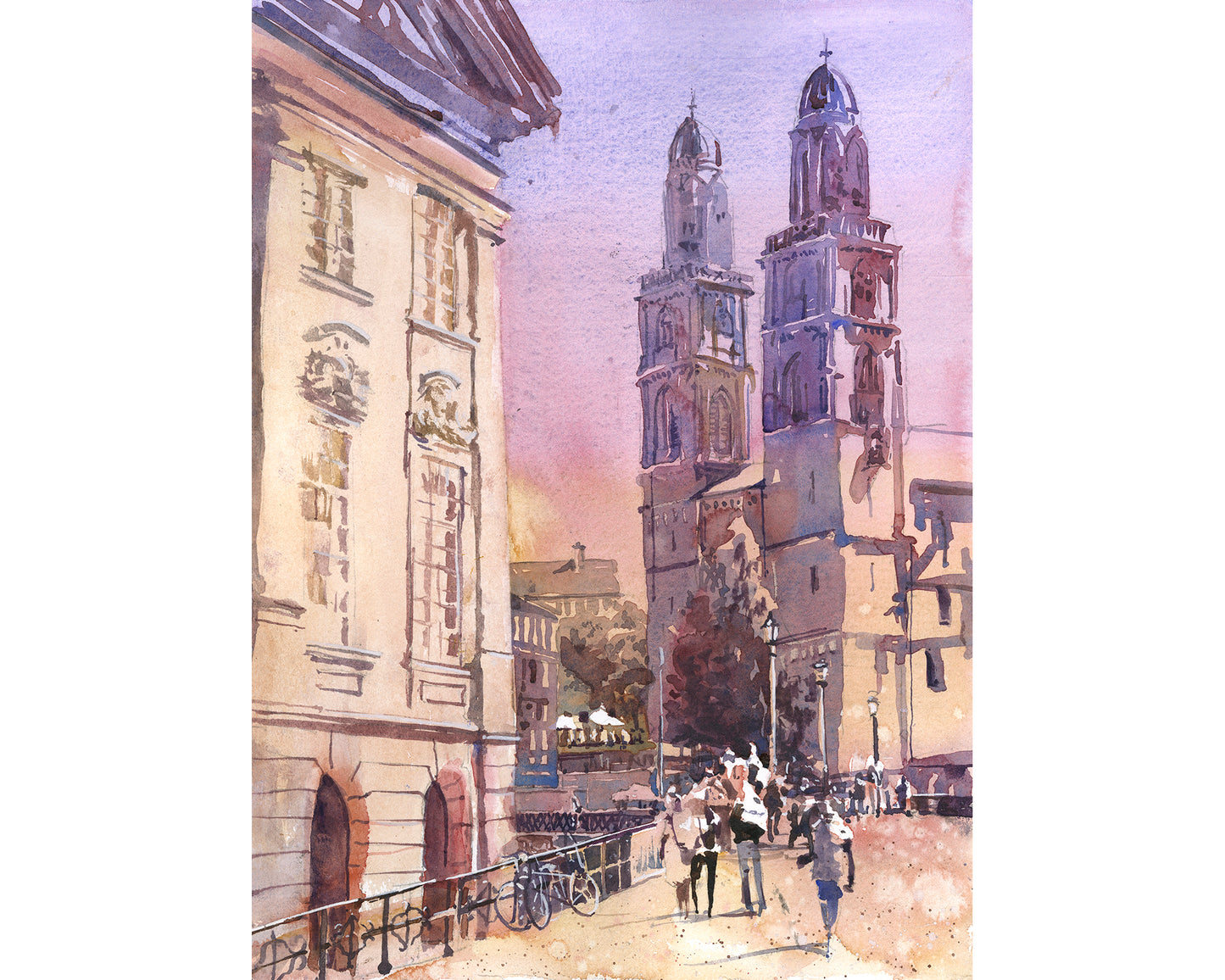 Zurich Suiza horizonte colorido acuarela pintura arquitectura medieval regalo de viaje artículo hecho a mano tendencia ahora giclee (impresión)