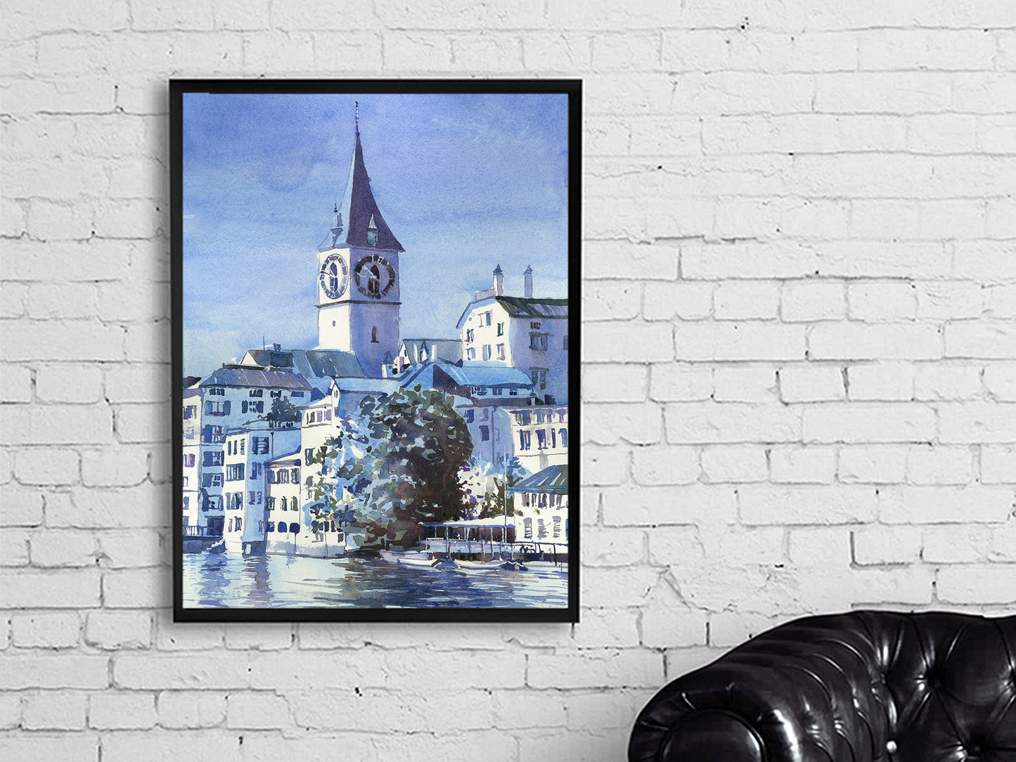 Zurich Suiza horizonte colorido acuarela pintura arquitectura medieval regalo de viaje artículo hecho a mano tendencia ahora (original)