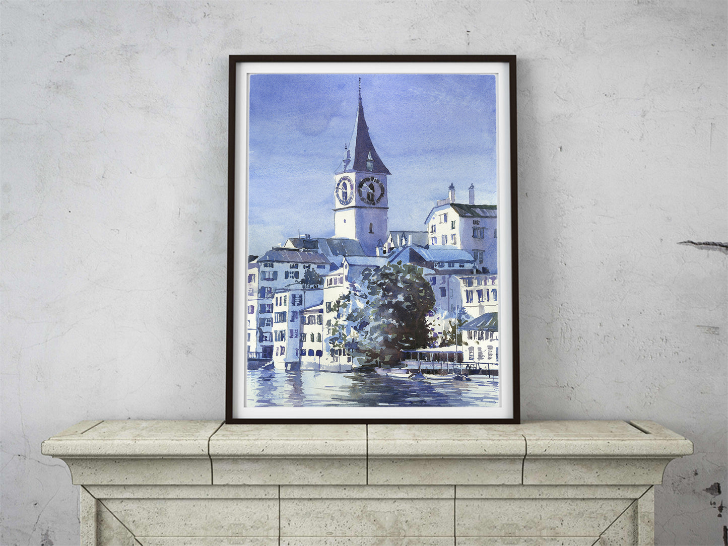 Zurich Suiza horizonte colorido acuarela pintura arquitectura medieval regalo de viaje artículo hecho a mano tendencia ahora (original)