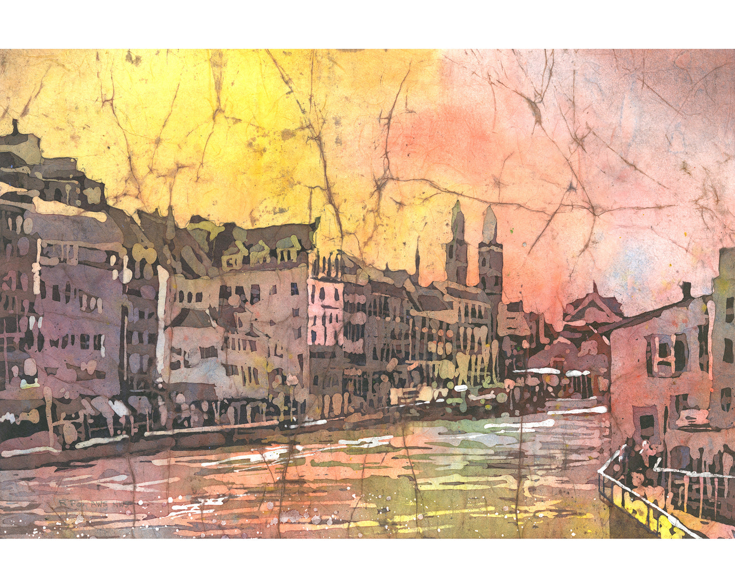 Colorful handmade watercolor landscape of Zurich, Switzerland at sunset, featuring a charming Swiss church and historic architecture—ideal for European travel decor and house wall art