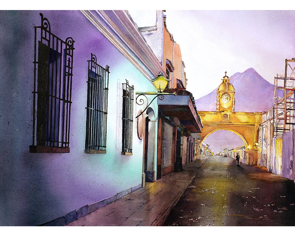 Antigua Guatemala watercolor fine art landscape painting featuring the iconic Arch of Santa Catalina with cobblestone streets and mountain backdrop—ideal travel wall decor.