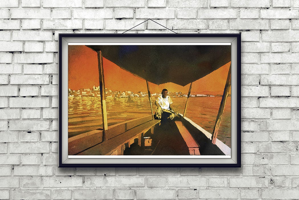 Boatman on Lago San Andres Flores in Guatemala Lake painting Guatemala art watercolor painting boat fine art watercolor landscape (original)