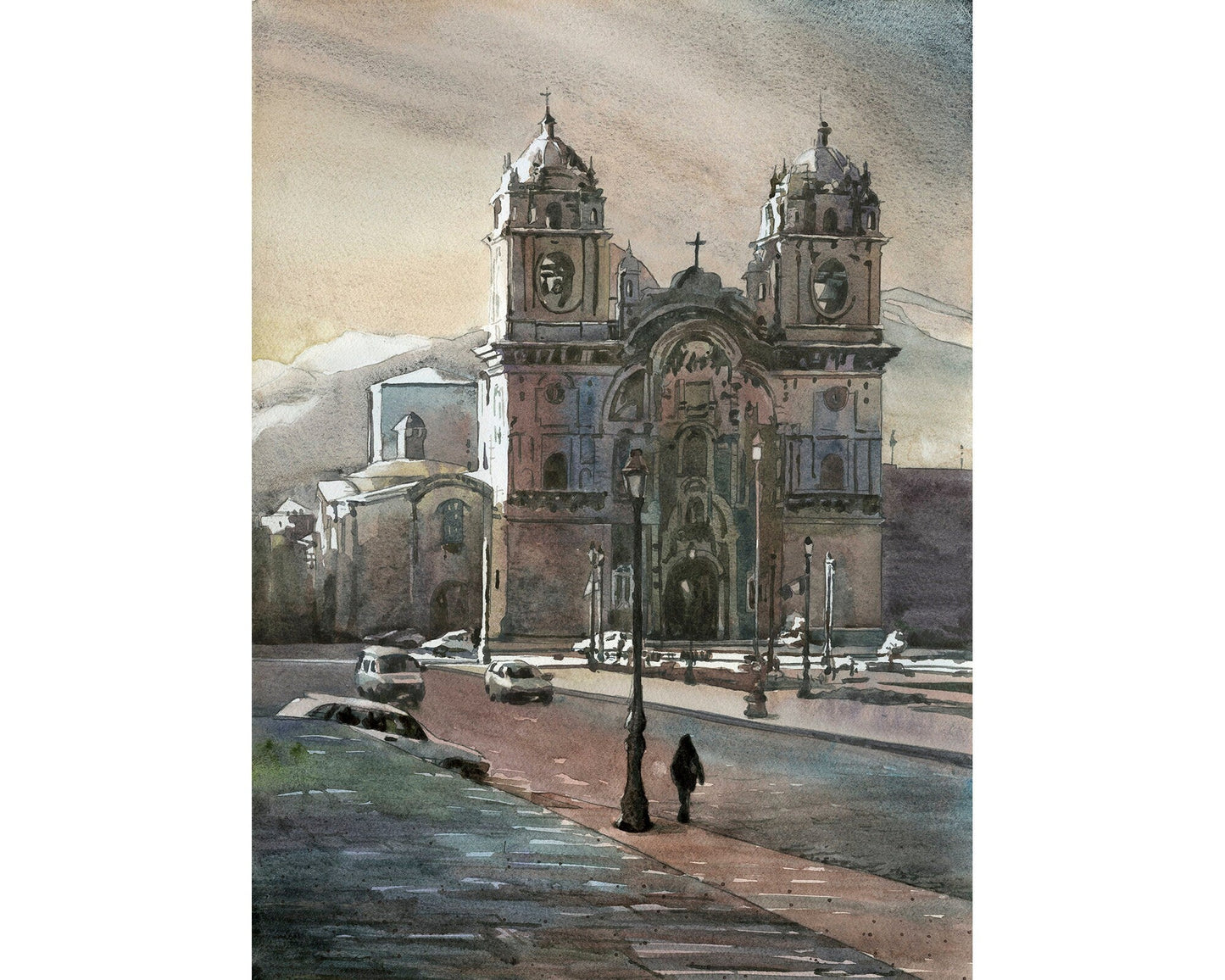 Stunning Cusco watercolor fine art (original artwork) of the Church on Plaza de Armas, great for gallery walls, living room displays, or world-traveler gifts.