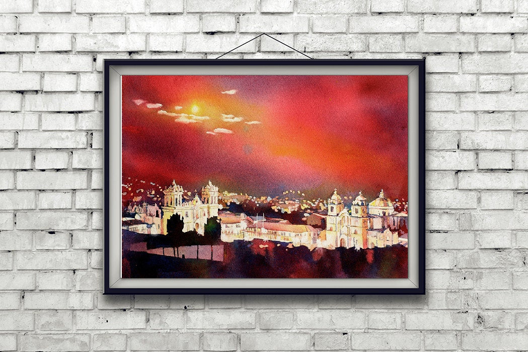 Watercolor painting Cusco Peru Sacred Valley Plaza de Armas artwork (original)