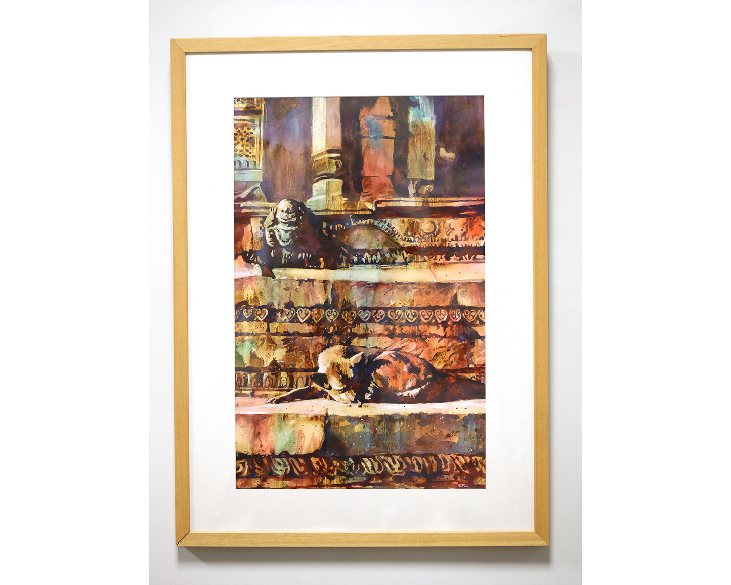 Watercolor painting of dog sleeping in sun on Hindu temple in Durbar Square- Kathmandu, Nepal.  Art Nepal watercolor.  Painting Nepal watercolor fine art  (original)