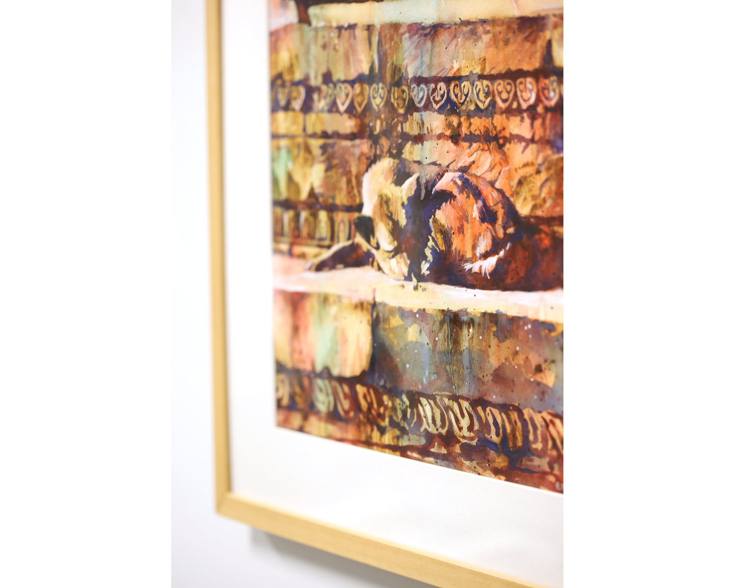 Watercolor painting of dog sleeping in sun on Hindu temple in Durbar Square- Kathmandu, Nepal.  Art Nepal watercolor.  Painting Nepal watercolor fine art  (original)