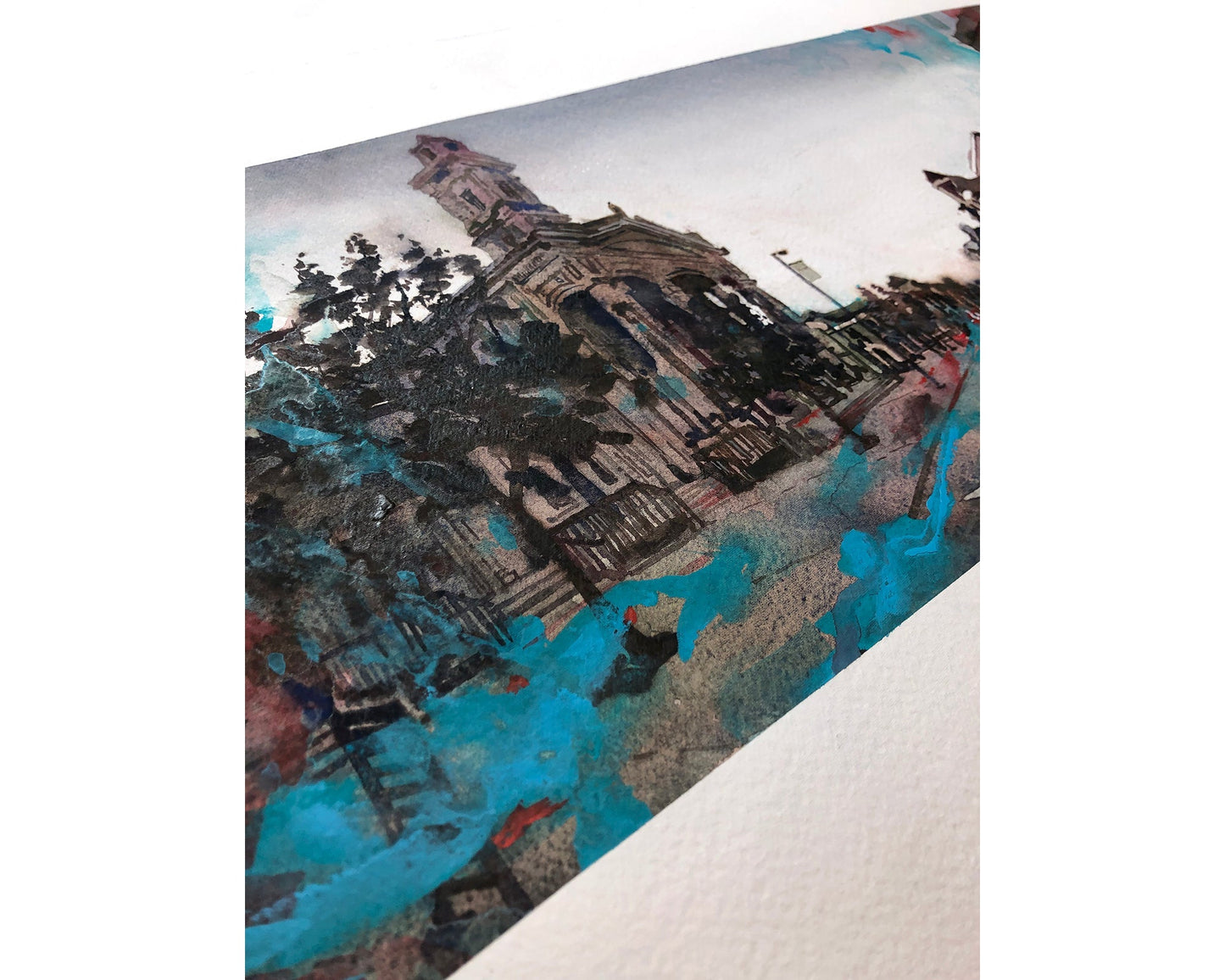 Watercolor painting Chillicothe OH downtown skyline art architecture business district (original)