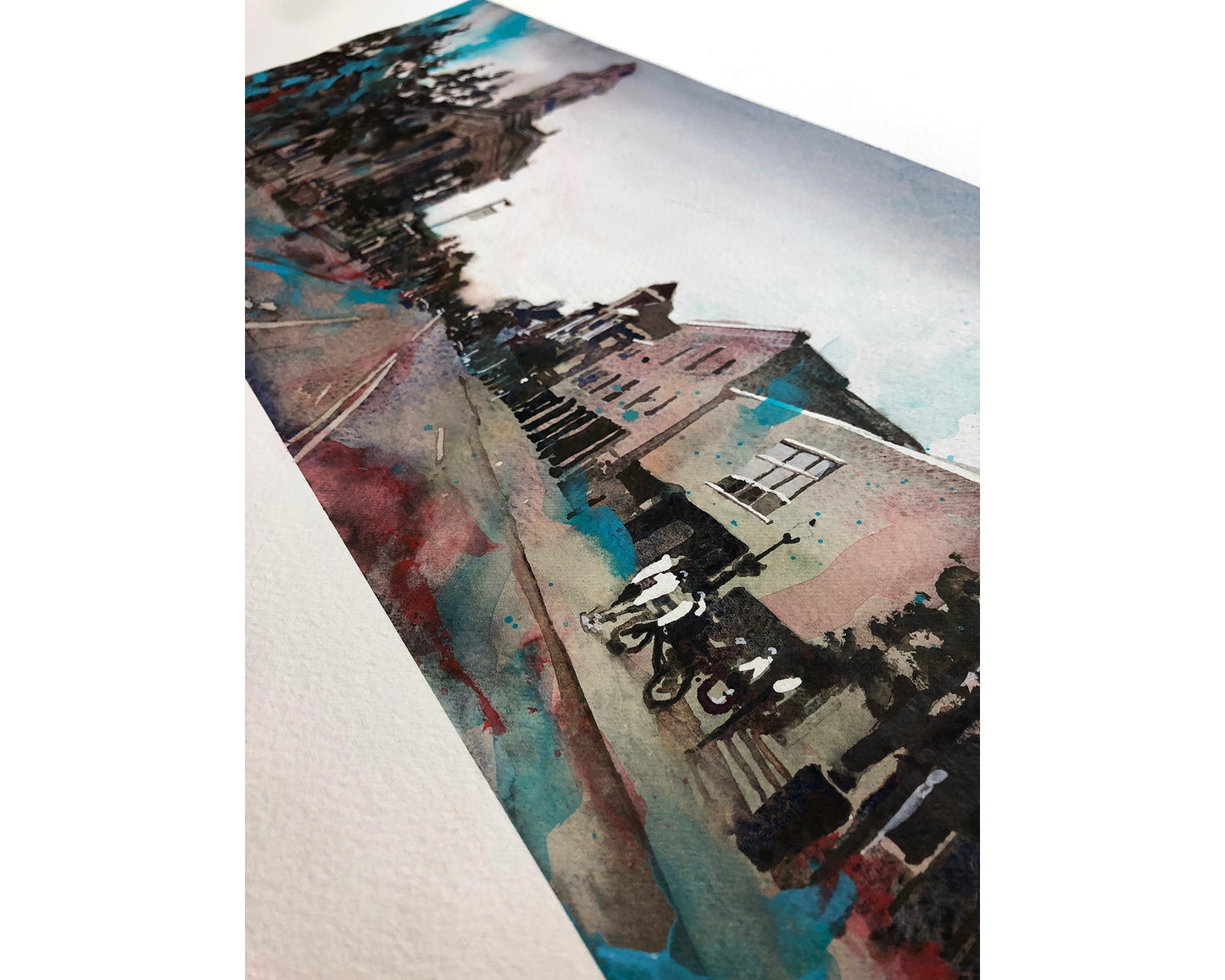 Watercolor painting Chillicothe OH downtown skyline art architecture business district (original)
