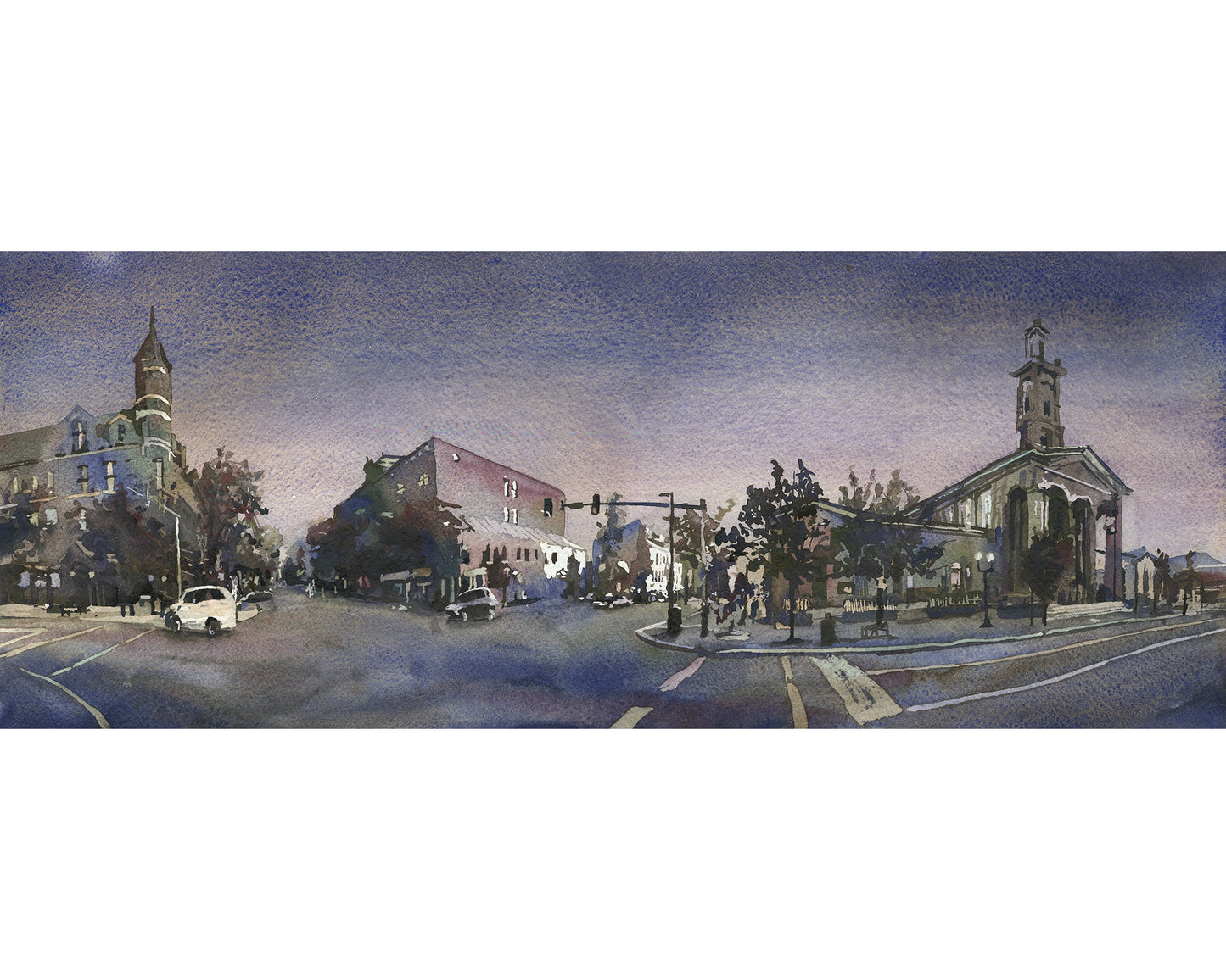 Watercolor painting Chillicothe OH downtown skyline art architecture business district (original)