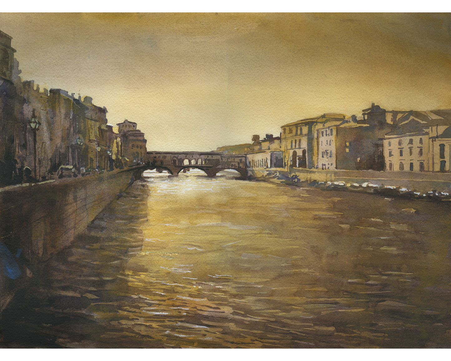 Puente Ponte Vecchio en la ciudad medieval de Florencia, Italia. Acuarela del Ponte Vecchio, arte de Florencia (original)