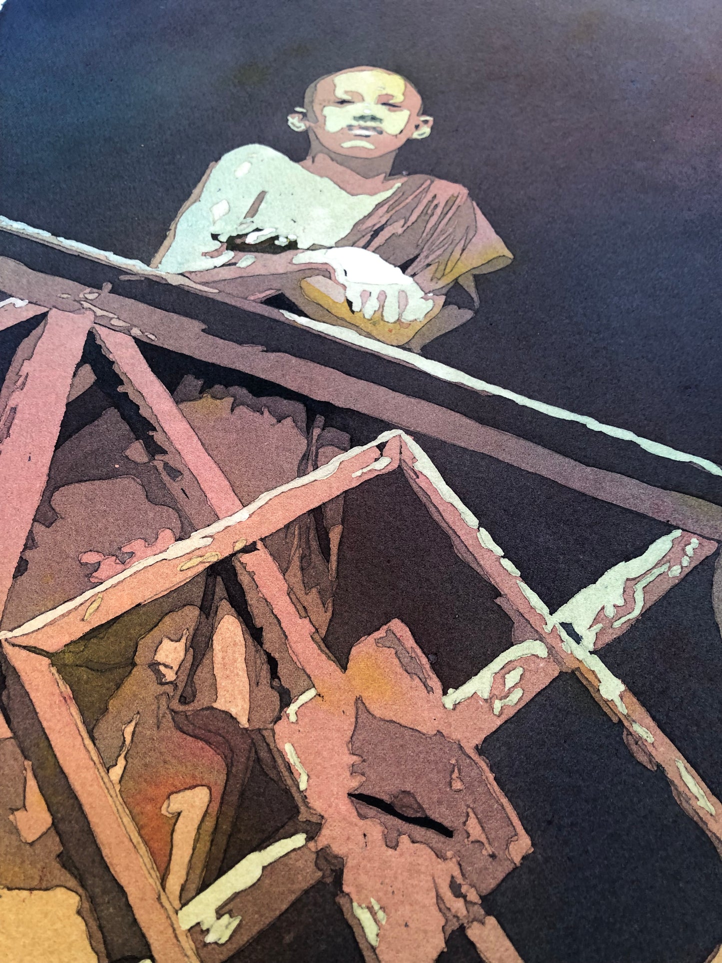 Monje budista de pie junto a la barandilla de Wat en la ciudad de Phnom Penh- Camboya, pintura de acuarela, arte colorido de acuarela de monje budista (impresión)