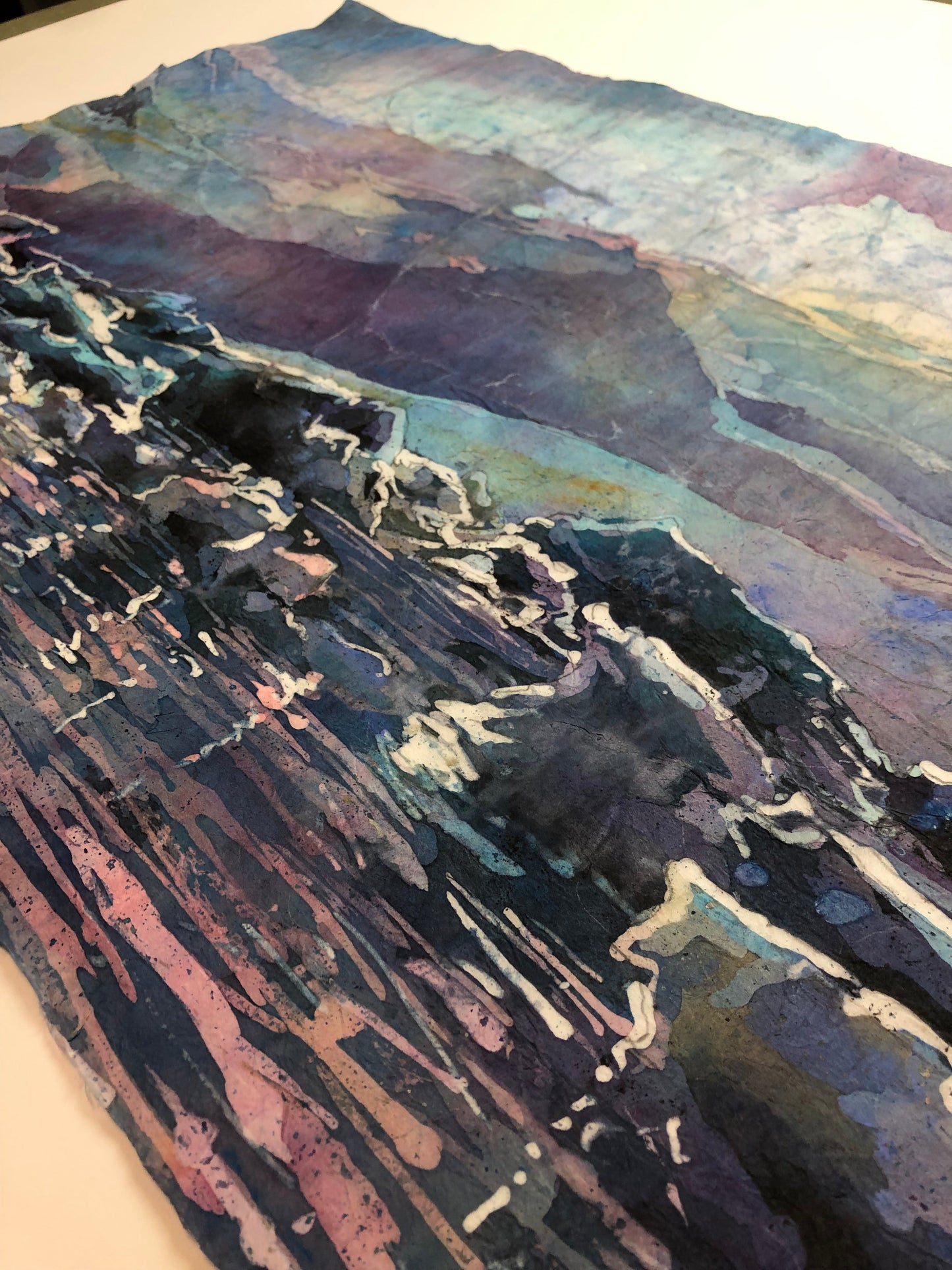 Icelands Diamond beach at Vatnajökull National Park. Iceland glacier and icebergs floating into sea at sunset watercolor batik painting Iceland home decor (original painting)