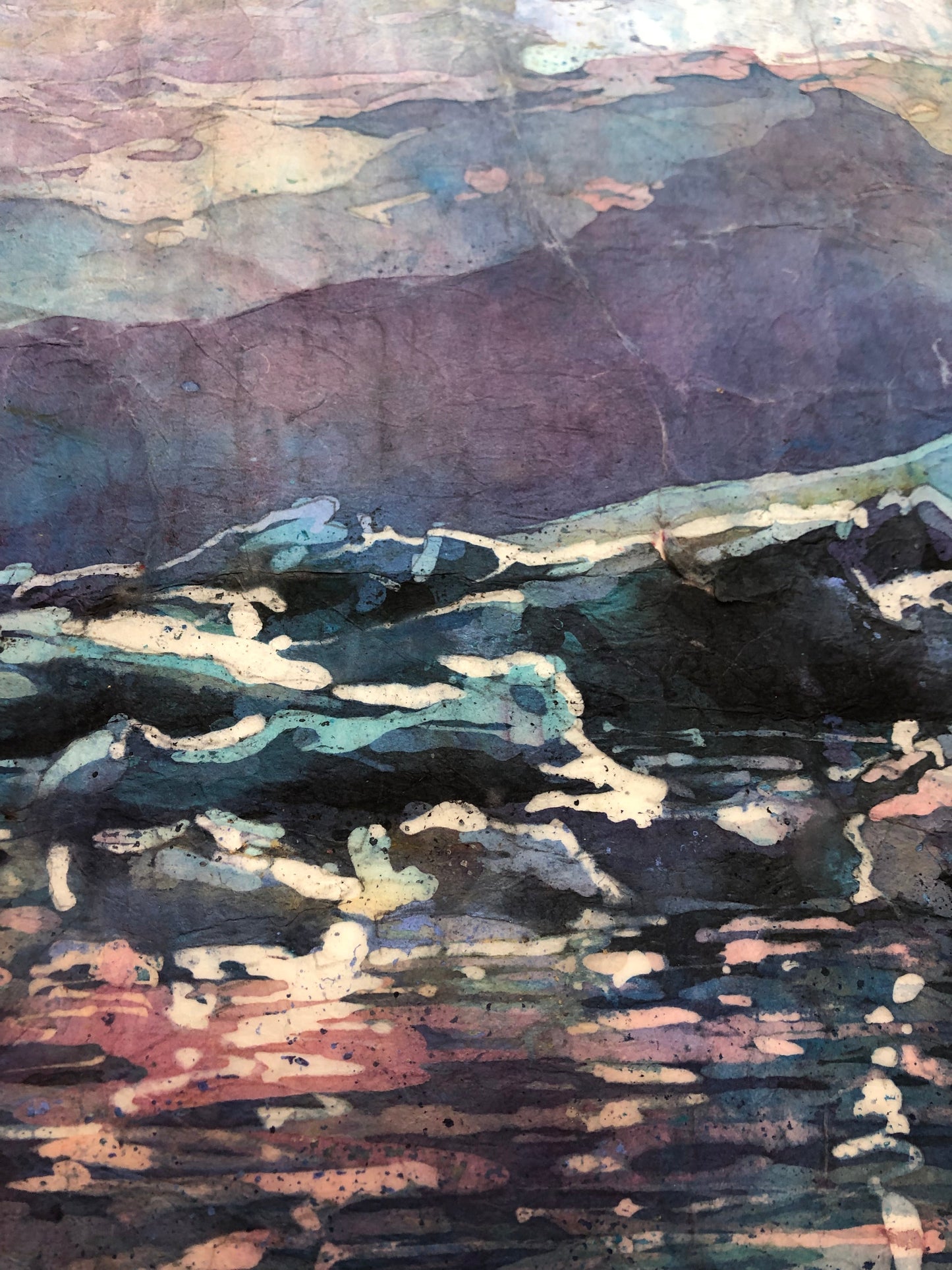 Icelands Diamond beach at Vatnajökull National Park. Iceland glacier and icebergs floating into sea at sunset watercolor batik painting Iceland home decor (original painting)